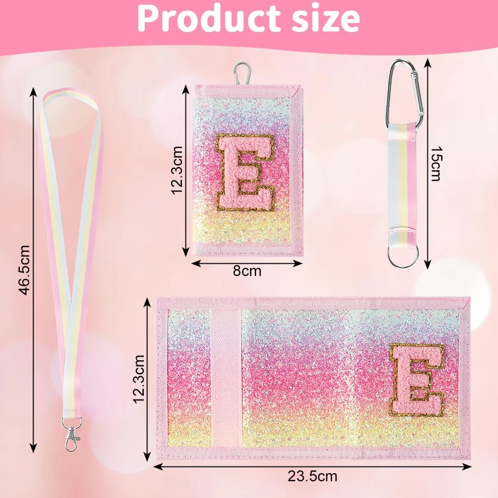 Portefeuille Enfant Lettres A à Z, Porte Monnaie Pliable avec Mousqueton, Lanière de Cou pour Filles
