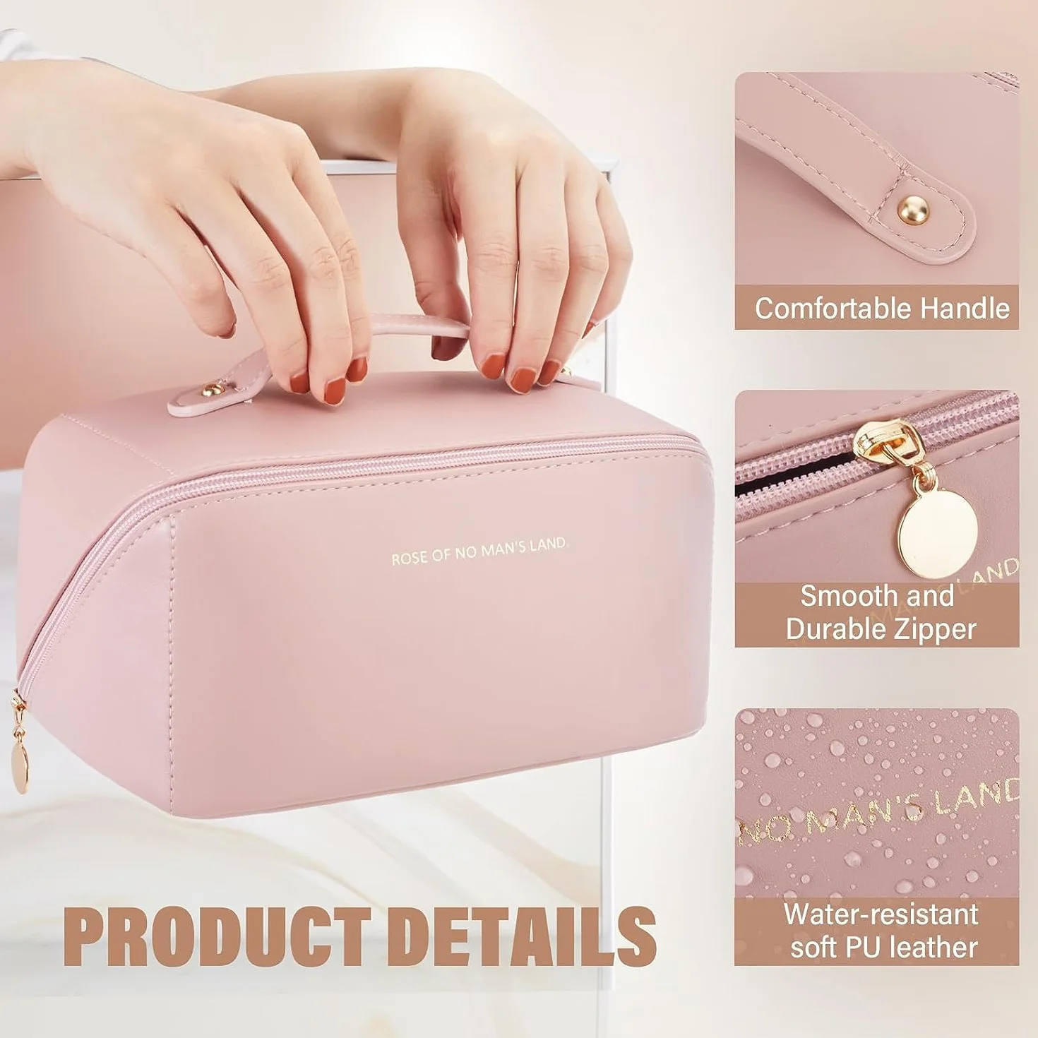 Trousse de Toilette Voyage Grande Capacité Imperméable PU Rose avec Poignée
