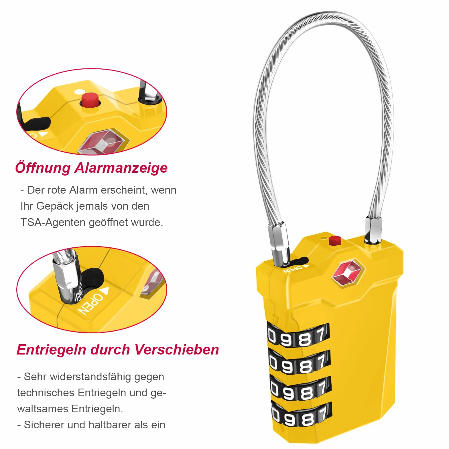 Cadenas Valise TSA 4 Chiffres avec Alarme d'ouverture, Serrures à Bagages avec Câble Flexible (2 Pièce, Jaune)