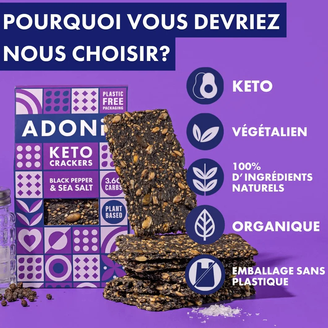 Craquantes Adonis Keto Olive et Graines de Chia (lot de 10 cracker de 60g) | Végétalien et Keto l 100% Naturel (Poivre Noir & Sel Marin)