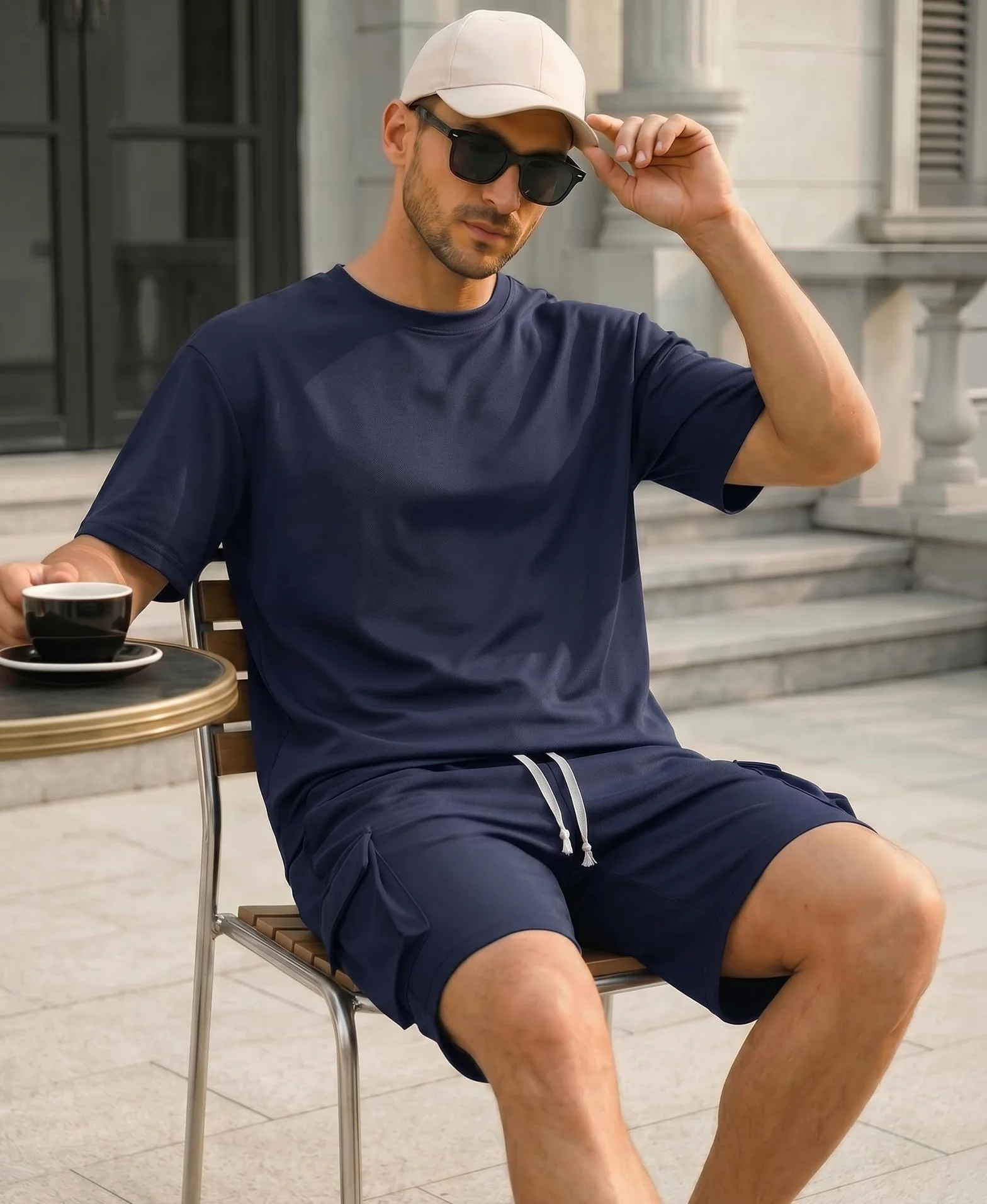 Survêtement Homme 2 Pièces Ensemble T-shirt et Short Cargo avec Poches