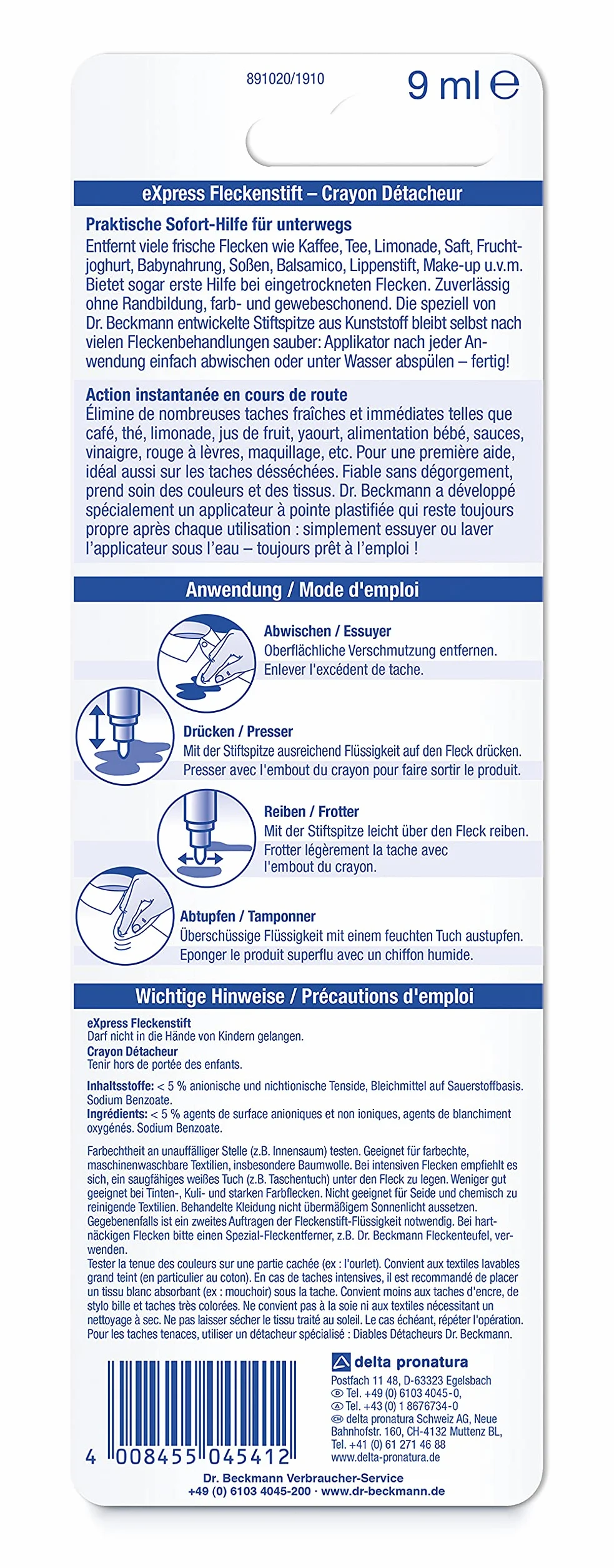 Dr. Beckmann Express Marqueur Anti-Taches | Détachant Efficace pour les Taches de Voyage | Solution Rapide et Facile | 6 x 10 ml