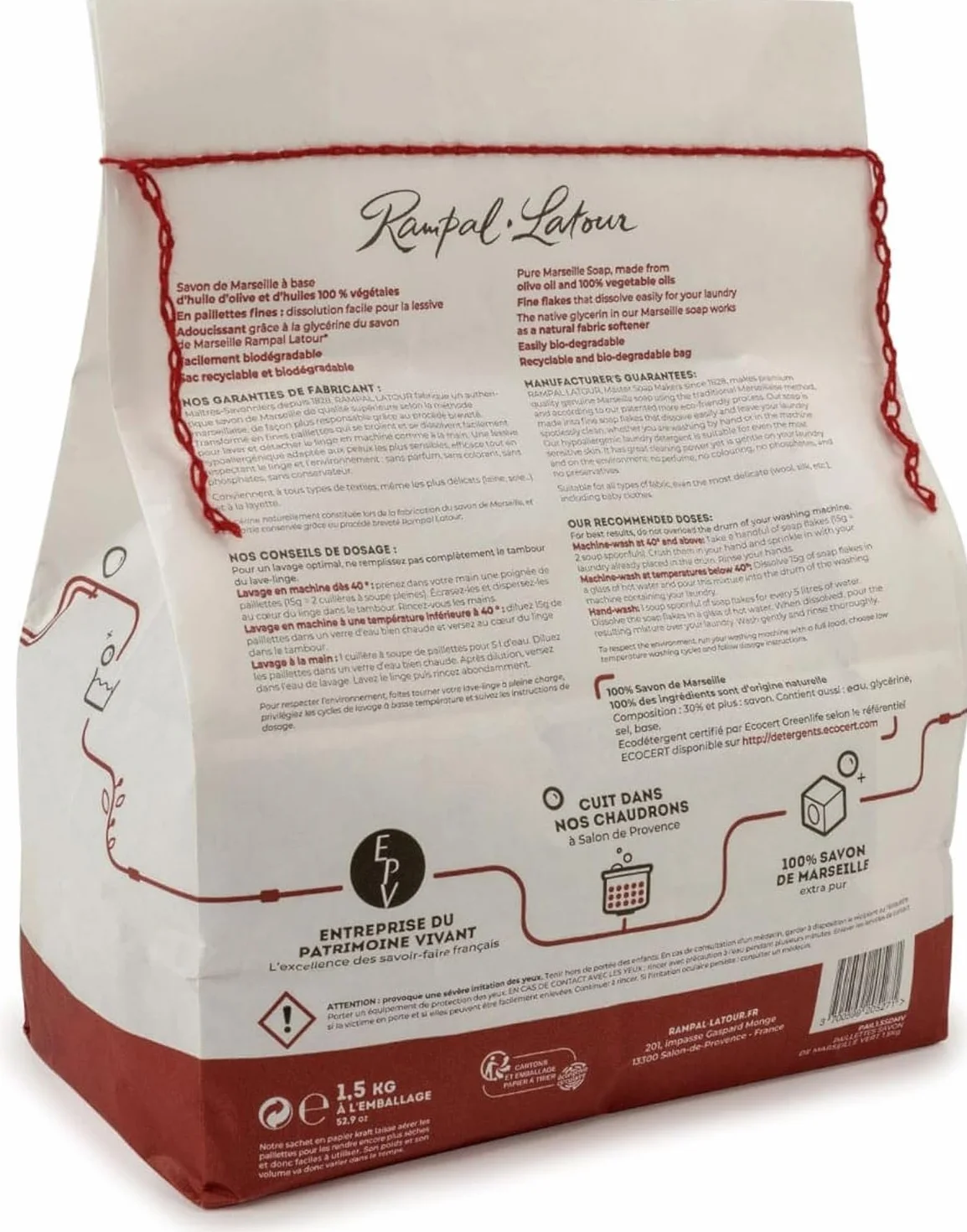 Rampal Latour - Paillettes de Savon de Marseille Vert pur à l'huile d'olive pour le linge - Copeaux Extra fins - Machine ou Main - Toutes températures et tissus - Hypoallergénique- 100 lavages - 1.5Kg