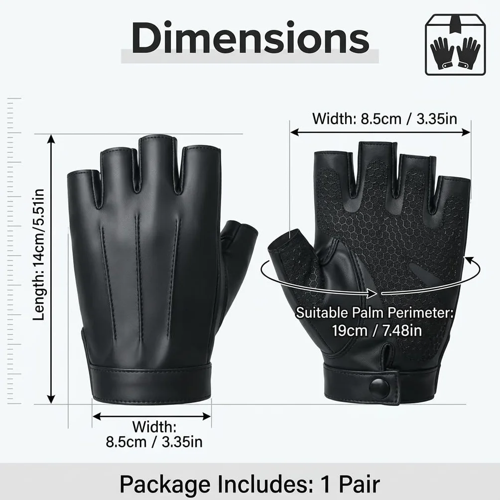 Gants Demi-Doigts en Cuir PU Noir Homme Femme Mitaines Sport Respirantes Conduite Cyclisme Entrainement Paume Antiderapante Taille M