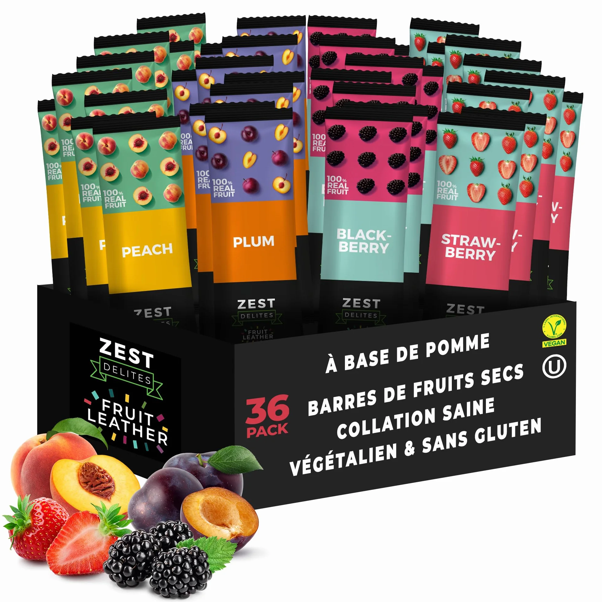 Zest Delites Fruits Secs, Pate de Fruit, Collations Sans Gluten, Bonbons Aux Fruits Végétaliens, Collation Aux Fruits Sains, Fruit Roll Ups Végétaliens, 4 Saveurs, Pêche, Prune, Baie Et Fraise 36x25g