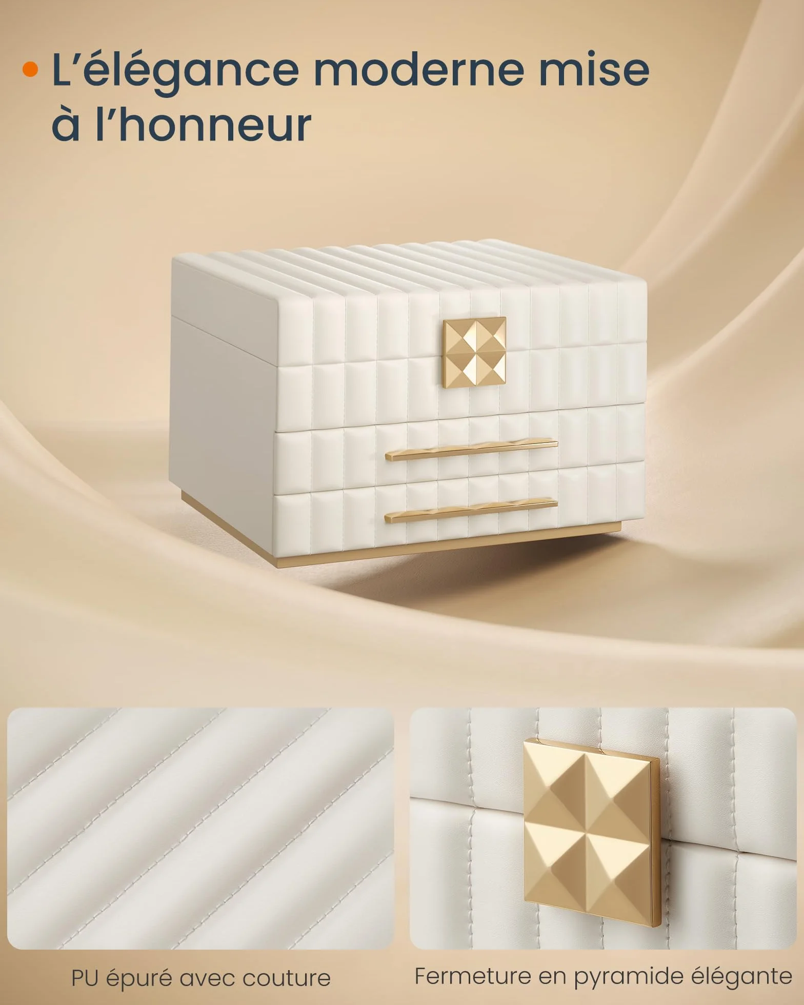 SONGMICS HOME ANAH Collection Boîte à Bijoux 3 Étages avec Miroir 2 Tiroirs Surface PU 21,5 x 24 x 15,8 cm Blanc