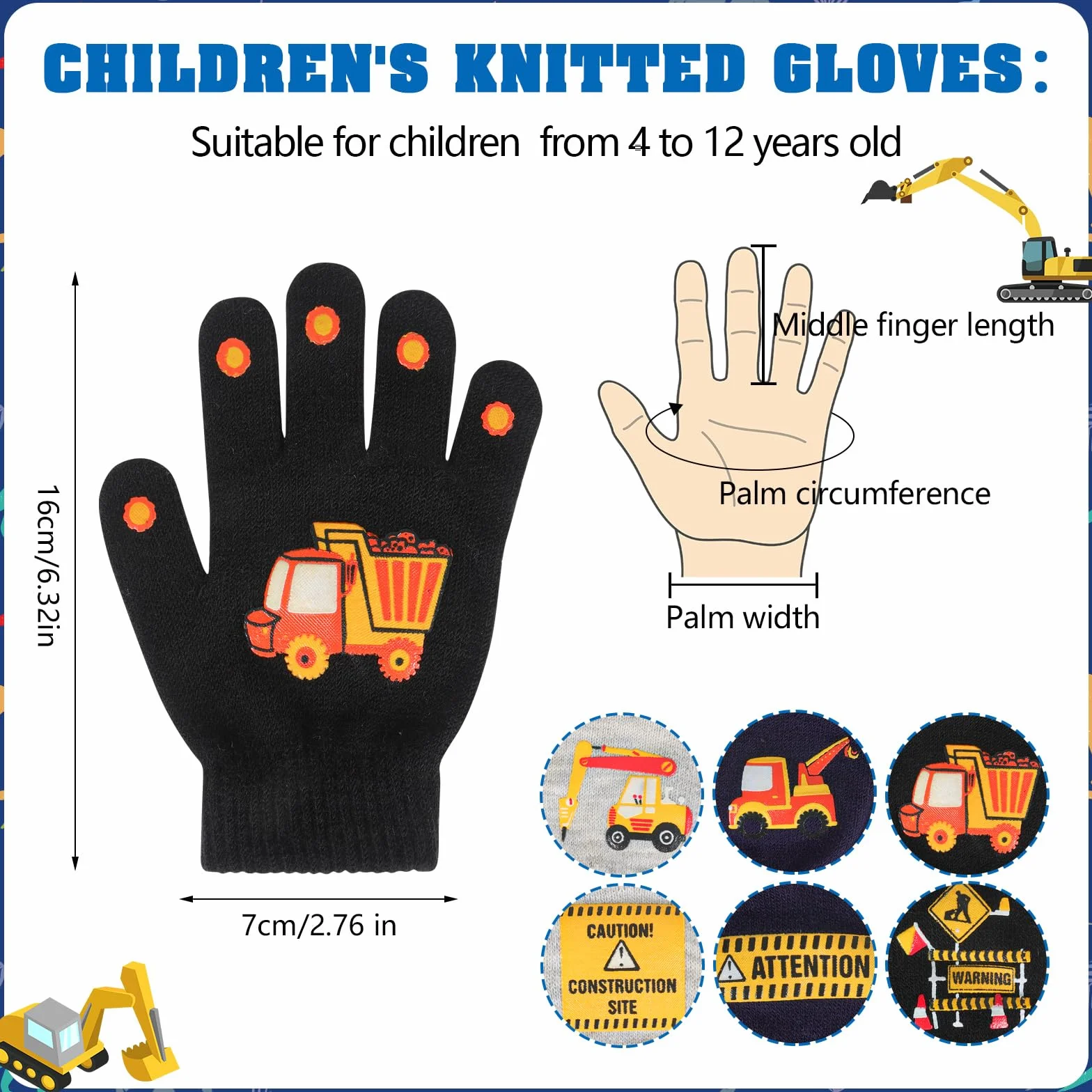 Gants magiques pour enfants Lot de 6 paires motif excavatrice 4-12 ans