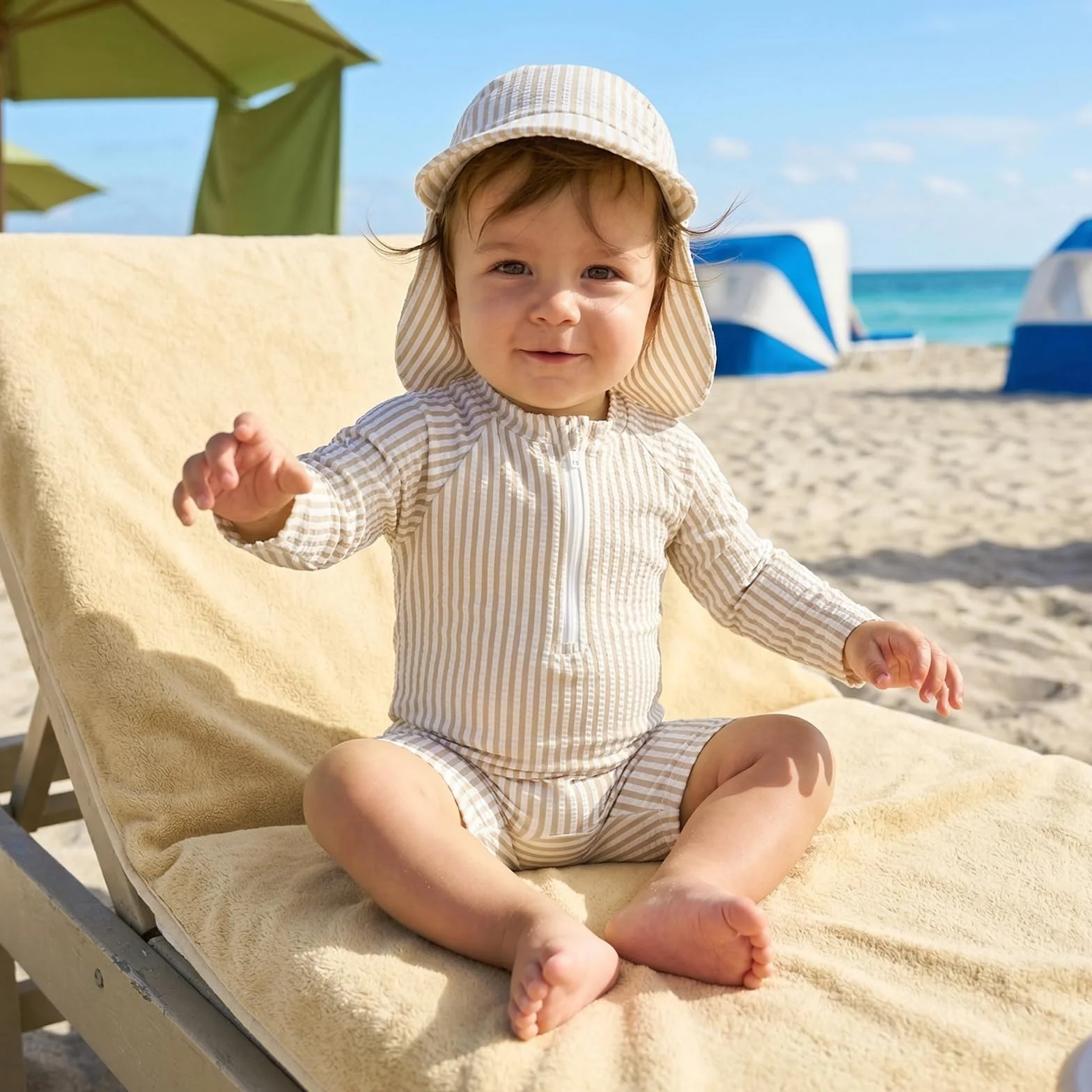Caziffer Maillot de Bain Une Pièce avec Zip pour Bébé Garçon Manches Longues Protection Solaire avec Chapeau