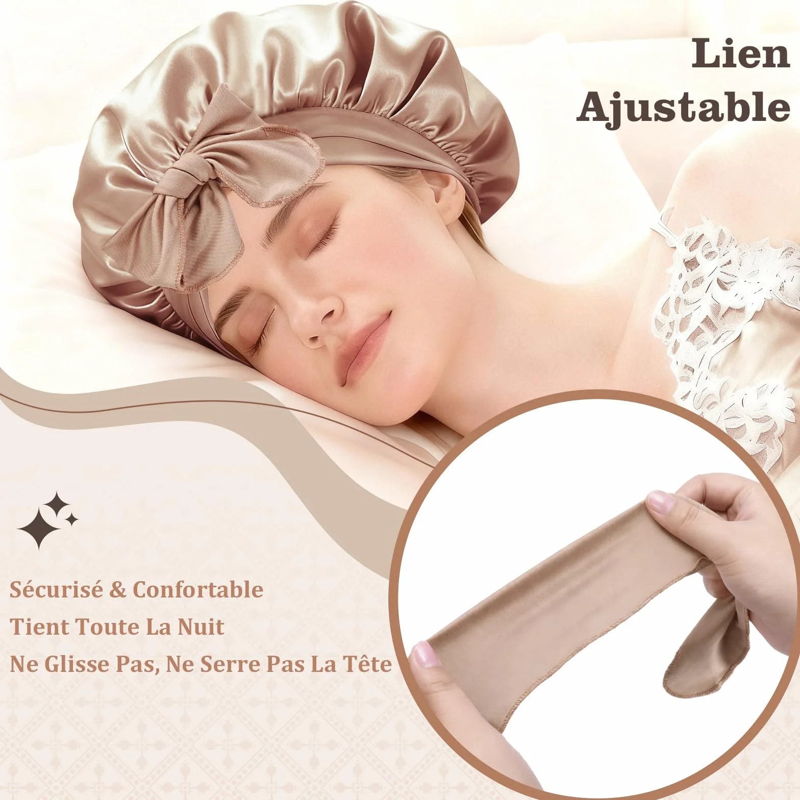Bonnet de Nuit Réversible Double Couche en Satin avec Élastique Réglable, Set Bonnet et Chouchou pour Cheveux Bouclés