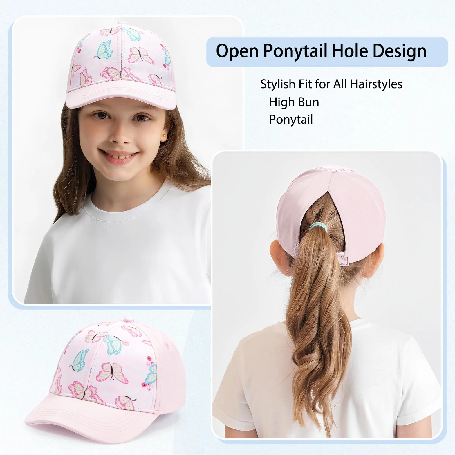 Casquette Enfant Fille Queue de Cheval Baseball Scratch Visière Courbée 53cm