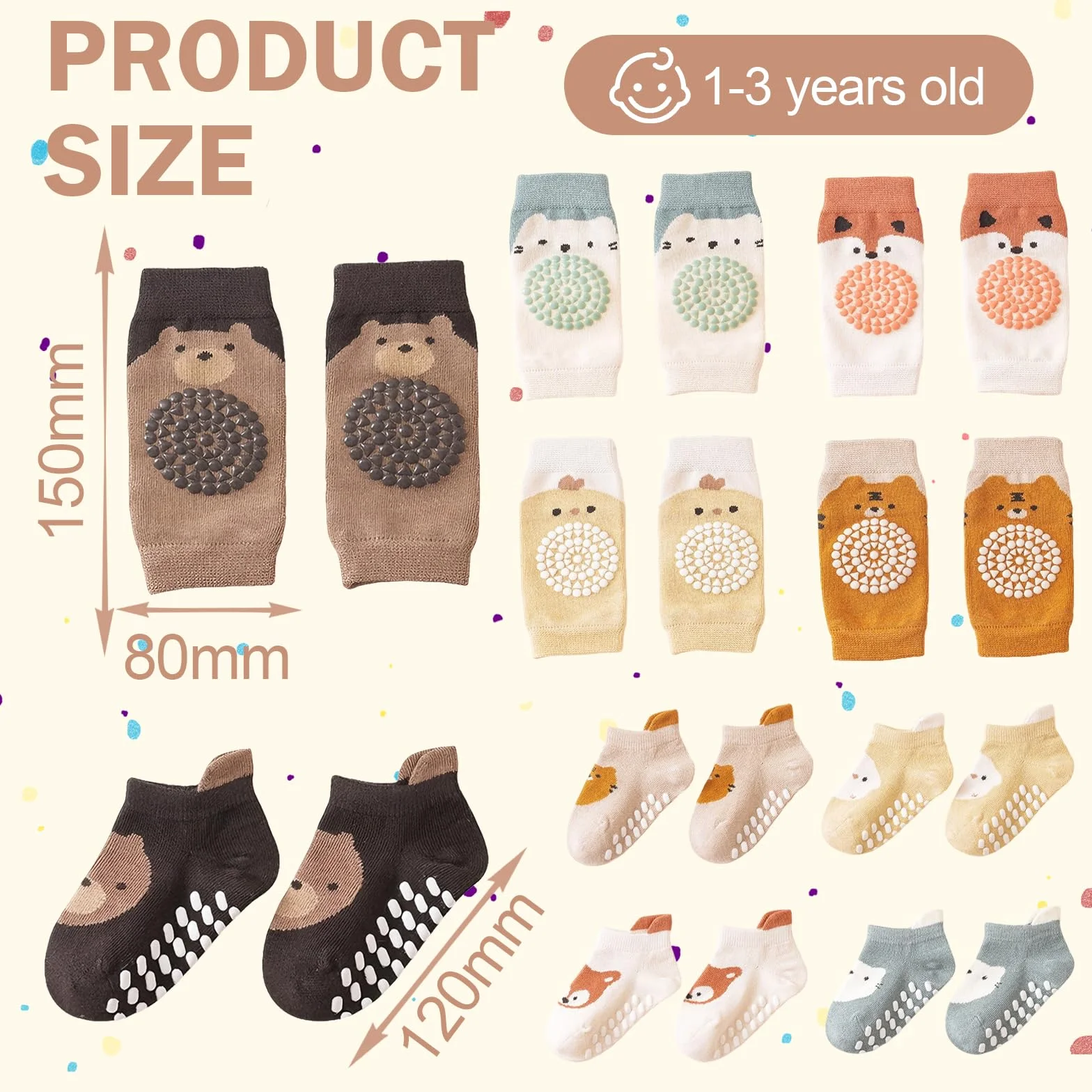 Genouillères Bébé Chaussettes Antidérapantes Motif Animaux 5 Paires