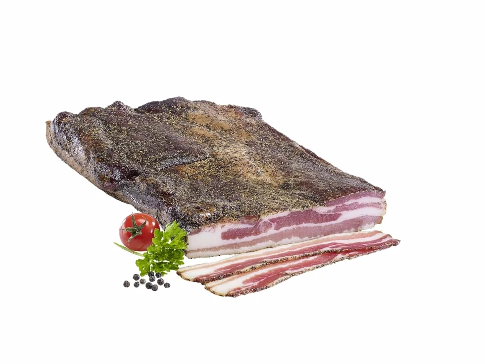 Almgourmet - Bacon de planche à poivre – 2 pièces de 200 g chacune – bacon grandi et poivré – sans barre cartilagineuse