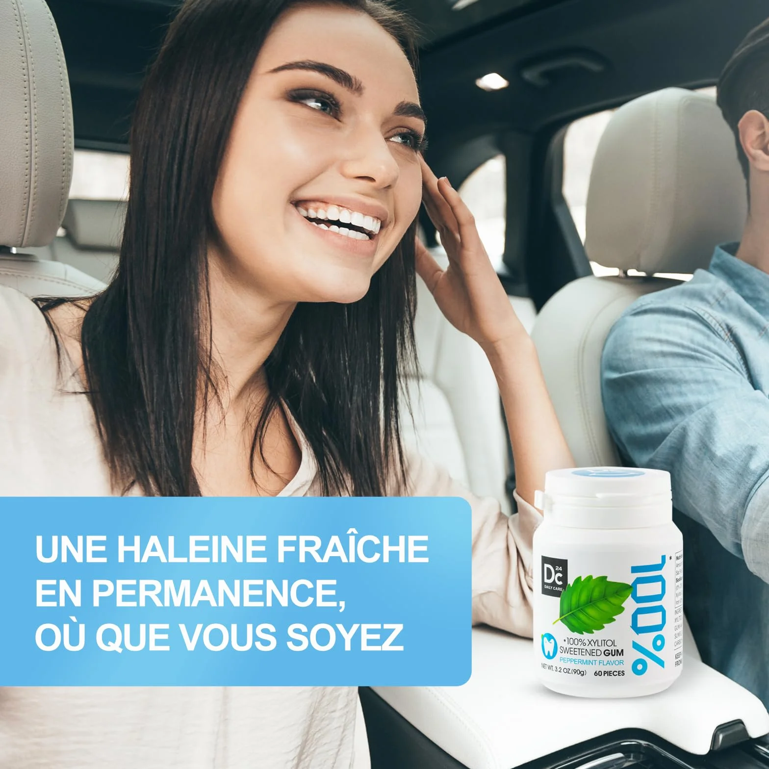 DC24 DAILY CARE 100% Xylitol Gum, sans aspartame, chewing-gum à la menthe poivrée sans sucre, 60 pièces, paquet de 2