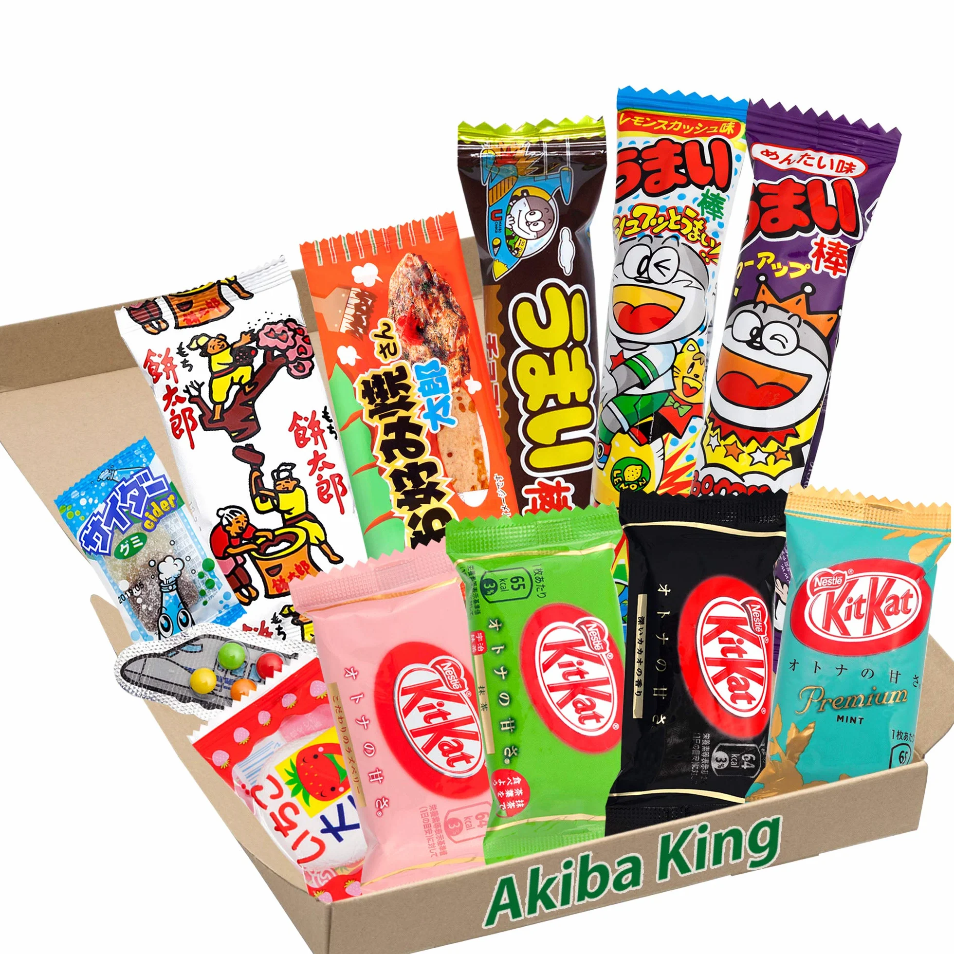 Kit Kat Chocolat & Trial Boîte à Dagashi Japonaise Umaibo Snack Pépite De Pommes De Terre Gélatine Avec AKIBA KING Autocollant