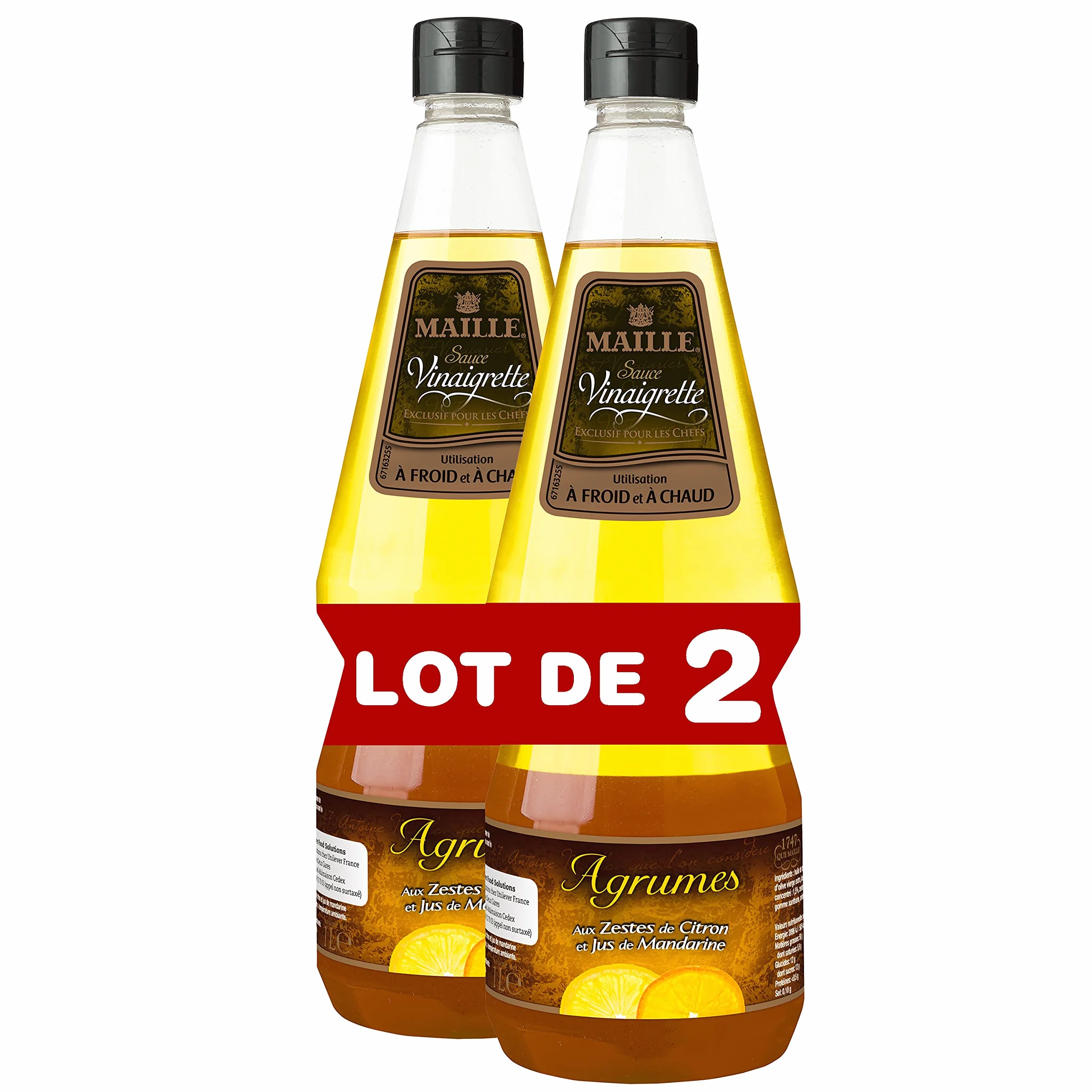 Maille Sauce Vinaigrette Agrumes, Vinaigre de Vin Blanc, Jus de Citron, Mandarine et Zeste de Citron 1L - Lot de 2