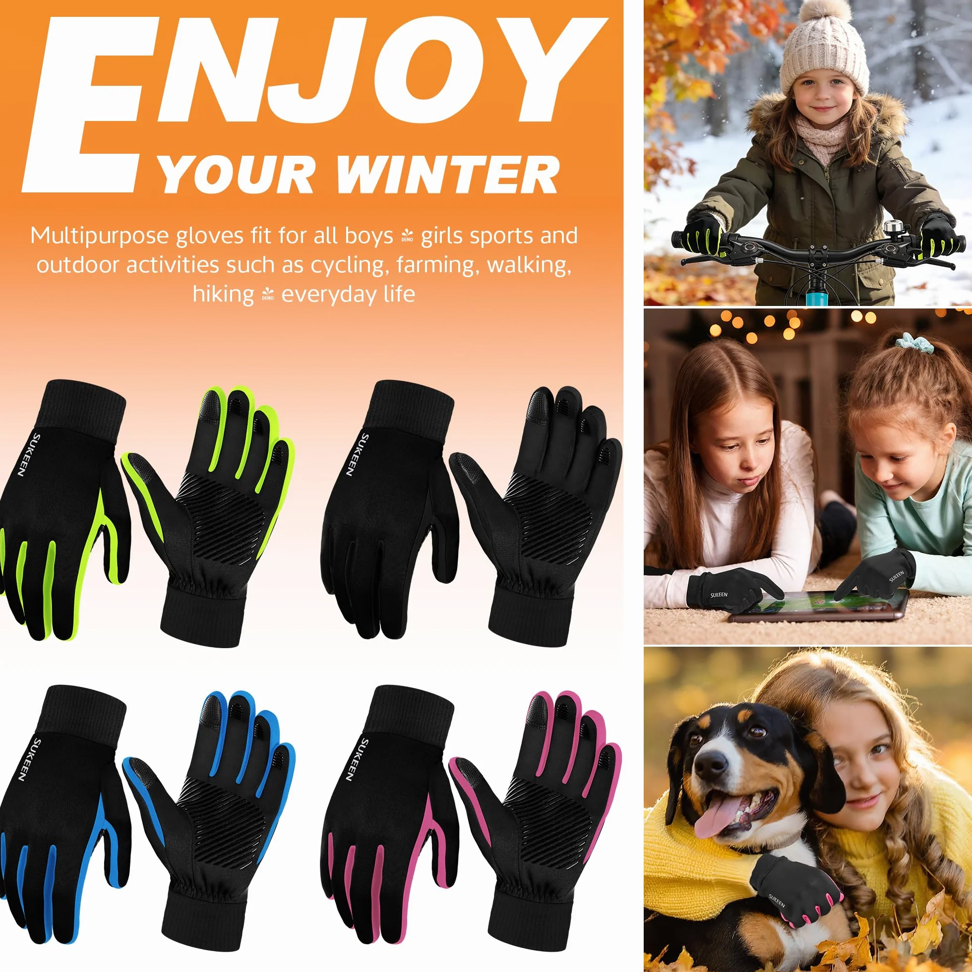 Gants d'hiver Softshell Enfants Imperméables Chauds Équitation Antidérapants Coupe-Vent Cyclisme Polaire Sports Plein air