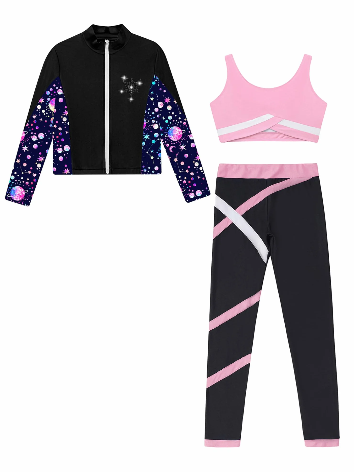 TiaoBug Enfant Fille Ensemble Patinage Artistique Vestes Top Strass Zippée Manches Longues Legging Survêtement Justaucorps Gymnastique 5-16 Ans