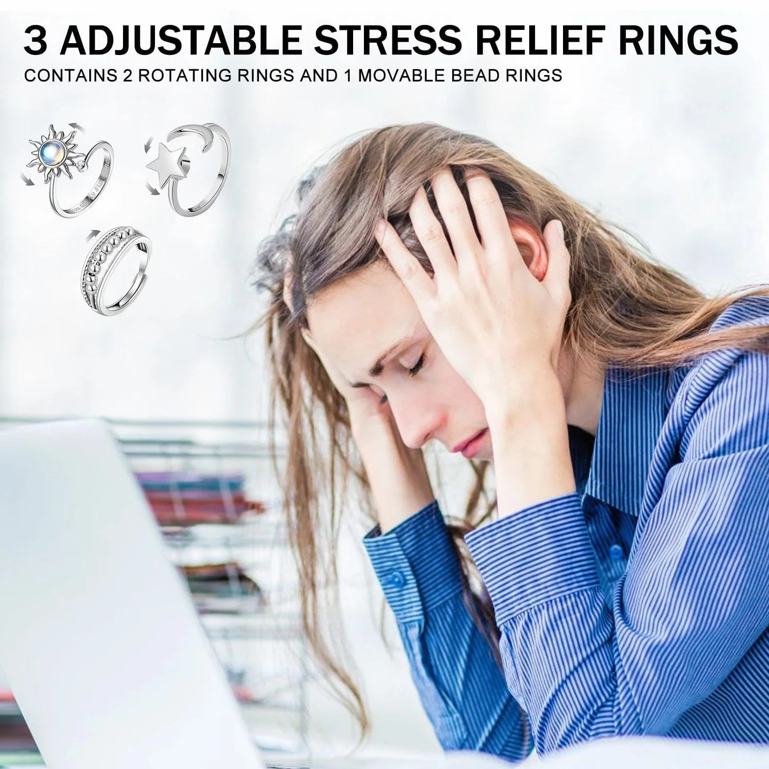 Anneaux de décompression 3 Pcs Bague Anti Stress Femme Argent Ajustables Rotatives Étoile Lune Soleil