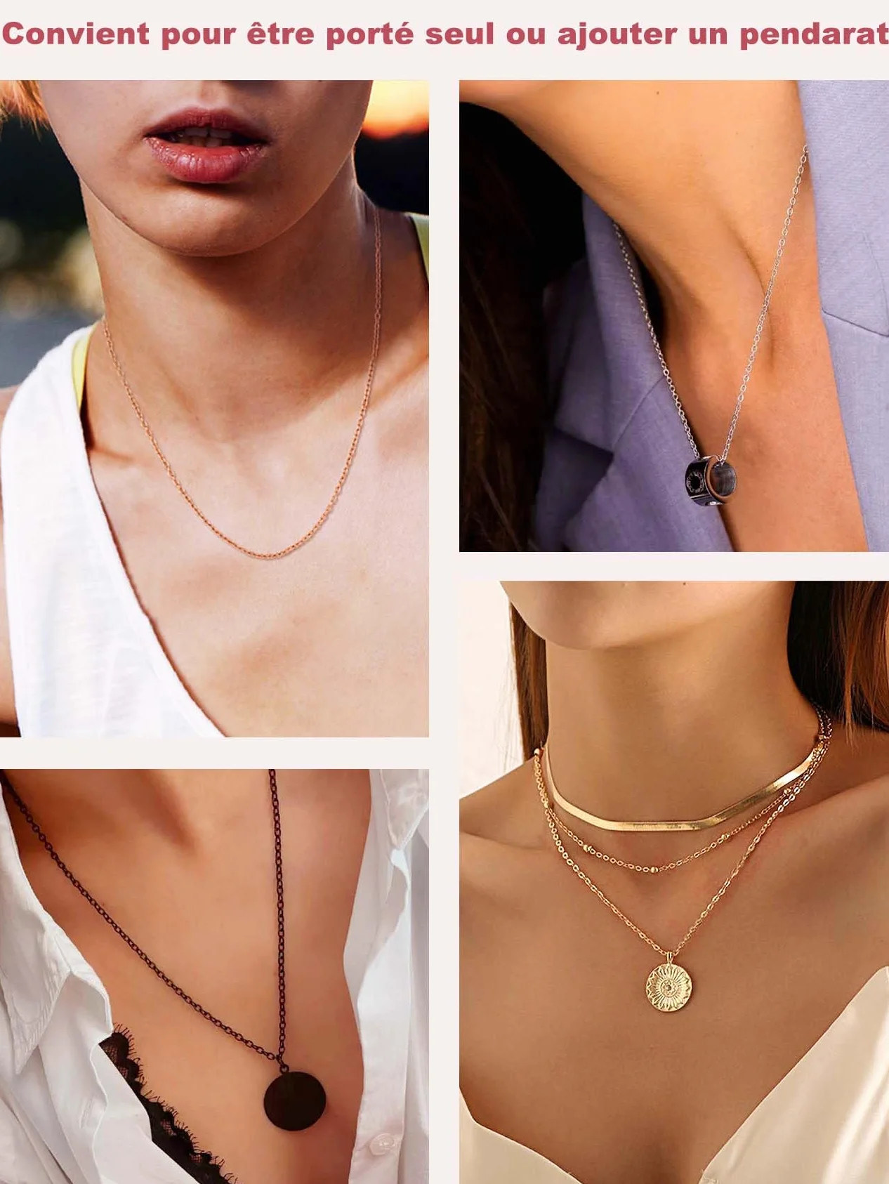 FOCALOOK Collier Chaîne Femme 2.5mm Argent Plaqué Or Noir Rose Acier Inoxydable Maille Forçat Rolo Pendentif 35-75cm 5cm