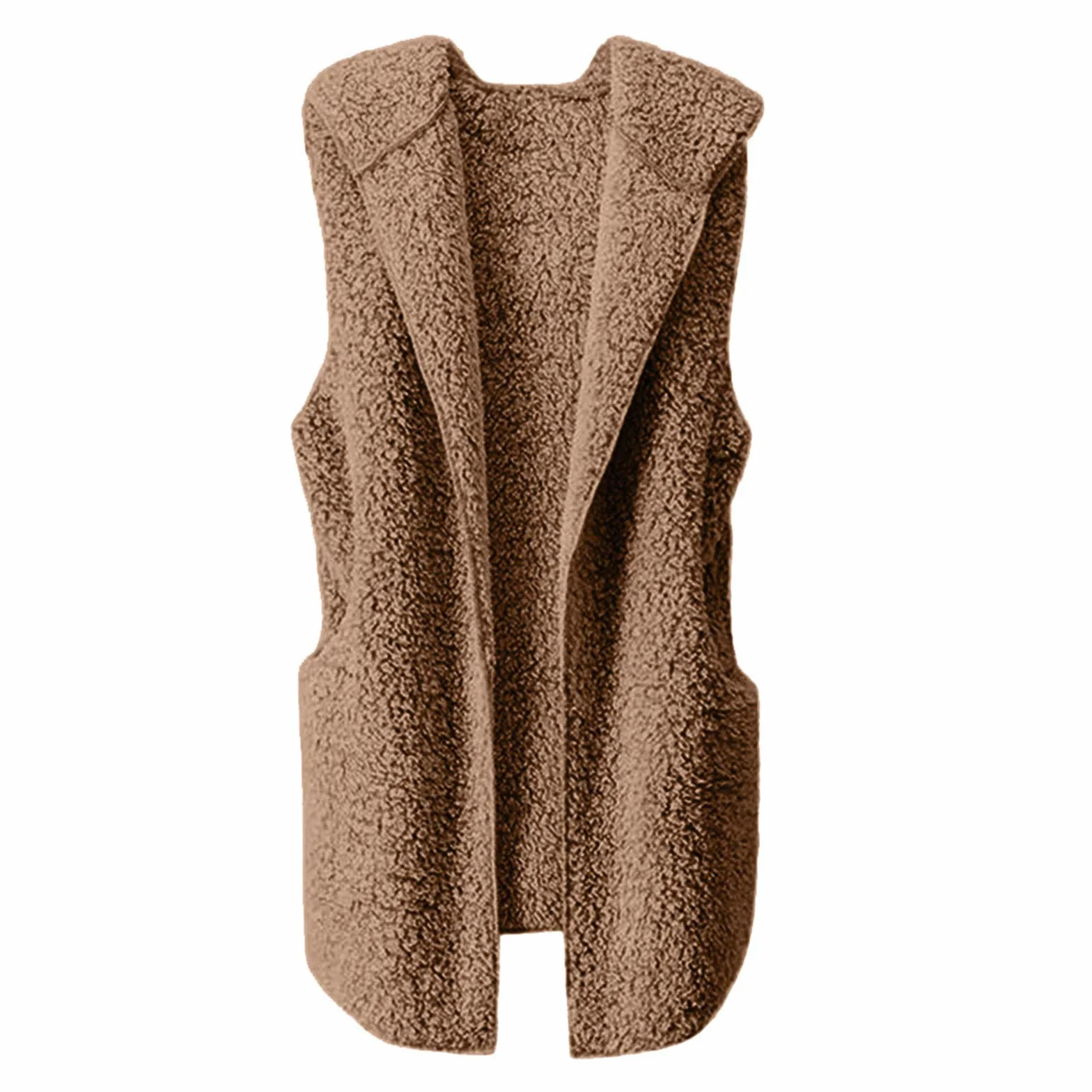 Gilet long en laine pour femme sans manches, veste chaude en peluche à capuche