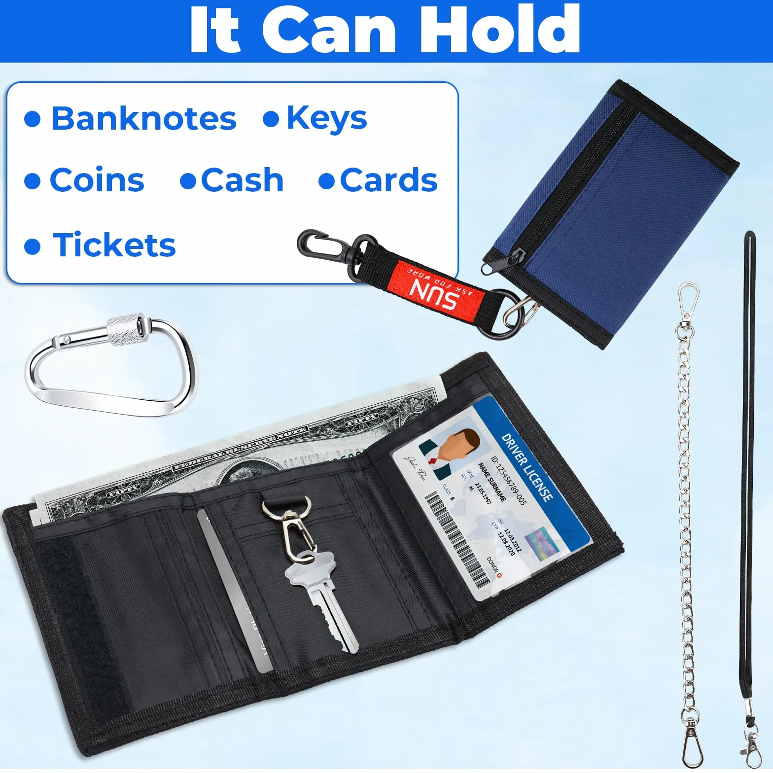 BANTI Portefeuille Fin RFID Porte-Monnaie à Trois Volets Zippé pour Ado Garçons Filles (Bleu)