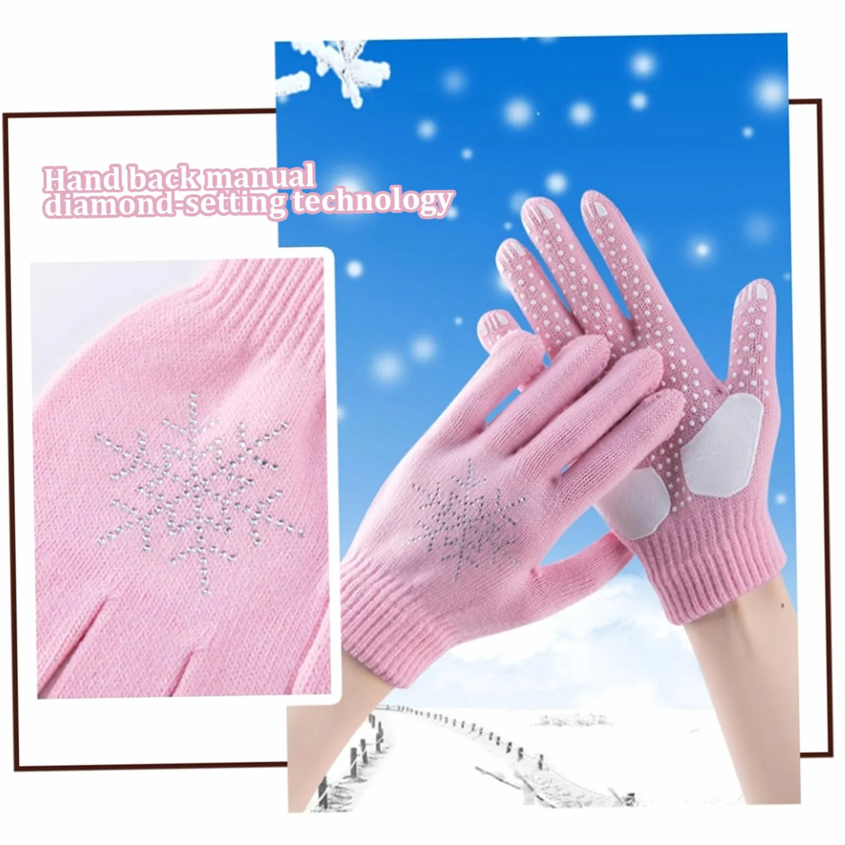 Gants de Patinage Artistique Antidérapants Épais Tricotés Flocons de Neige Strass Chauds pour Cyclisme Randonnée