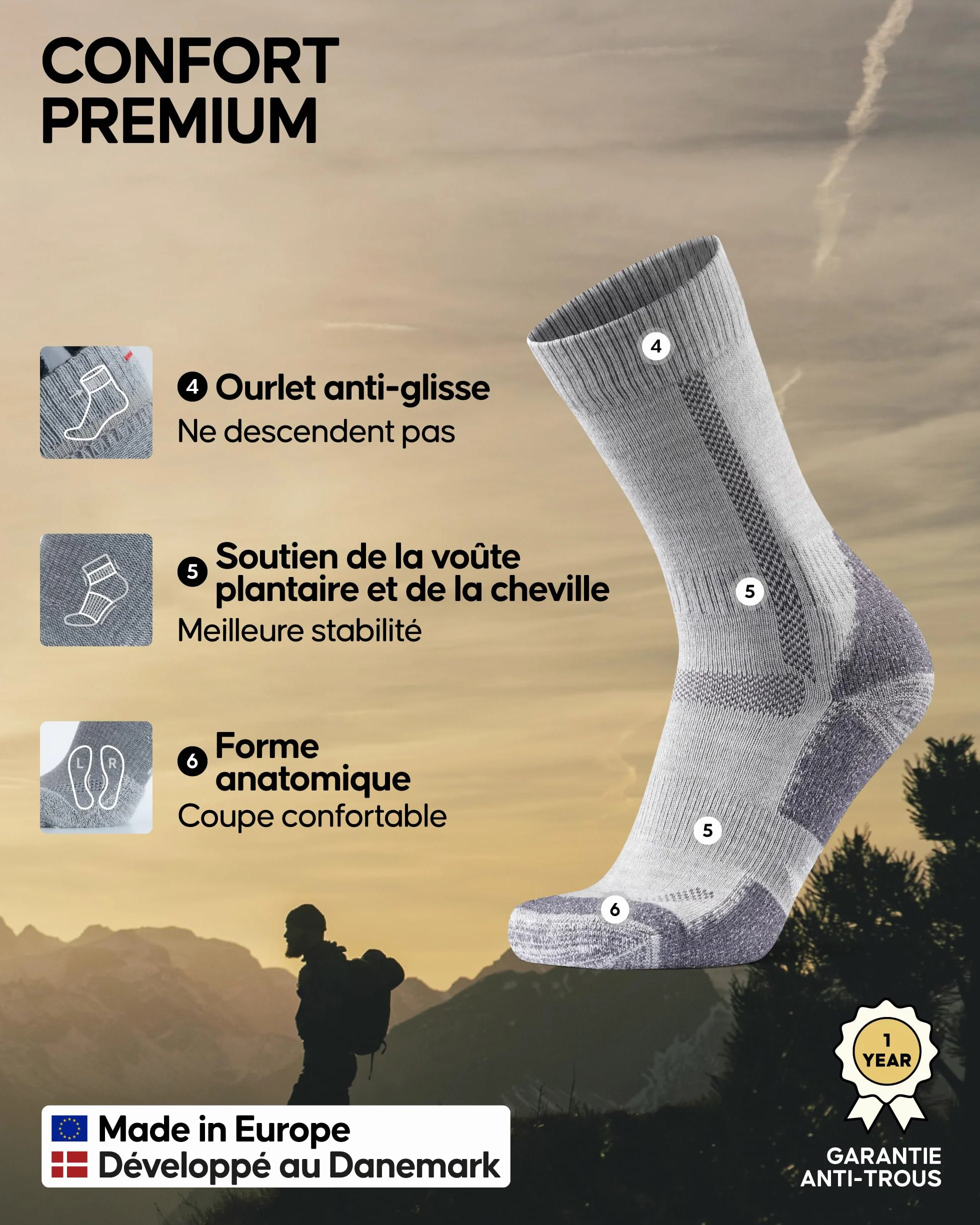 DANISH ENDURANCE Chaussettes de Randonnée en Laine Mérinos Respirante Anti-blisters Lot de 3