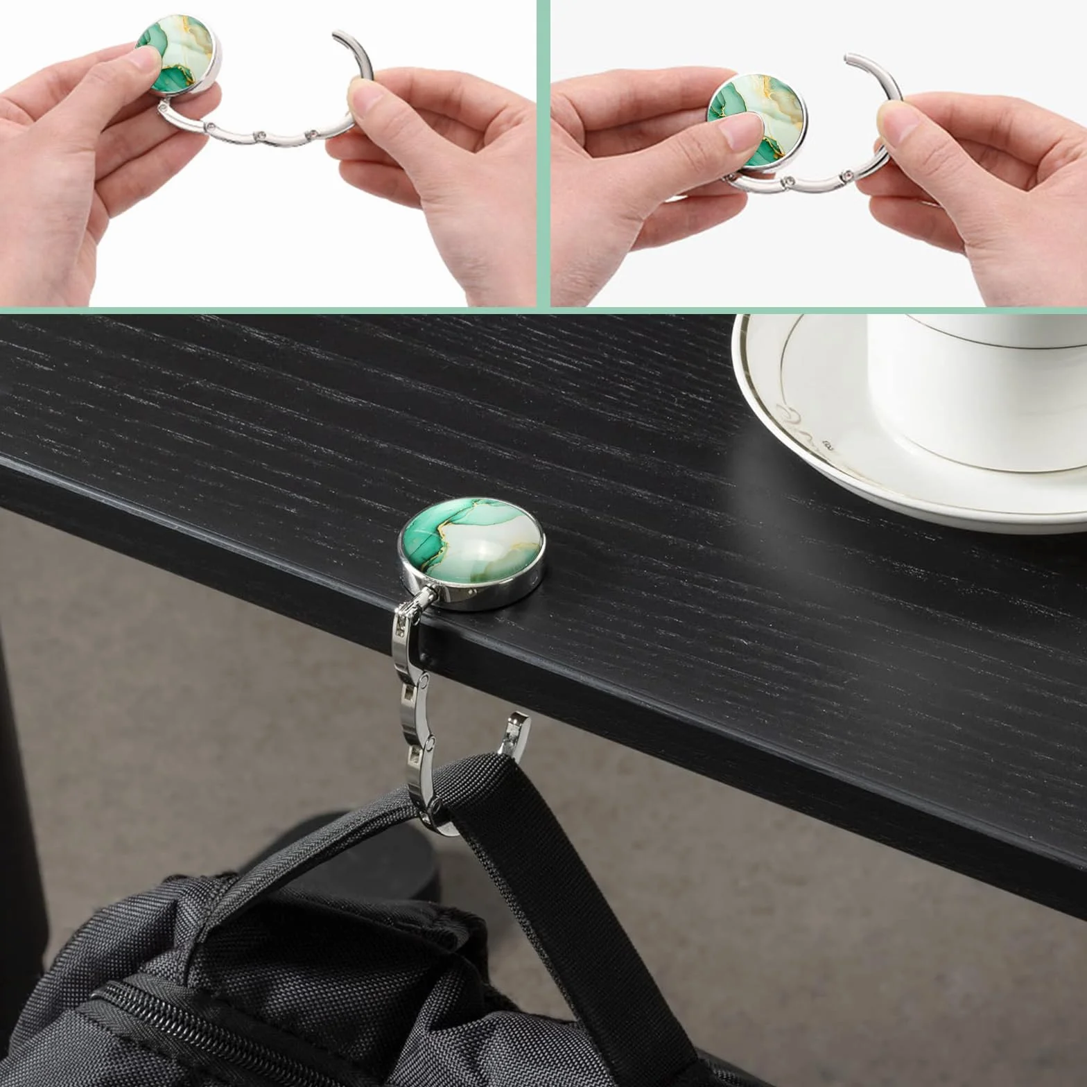 Support de sac pour table Motif marbre Crochet pliable antidérapant Plateau de table Vert