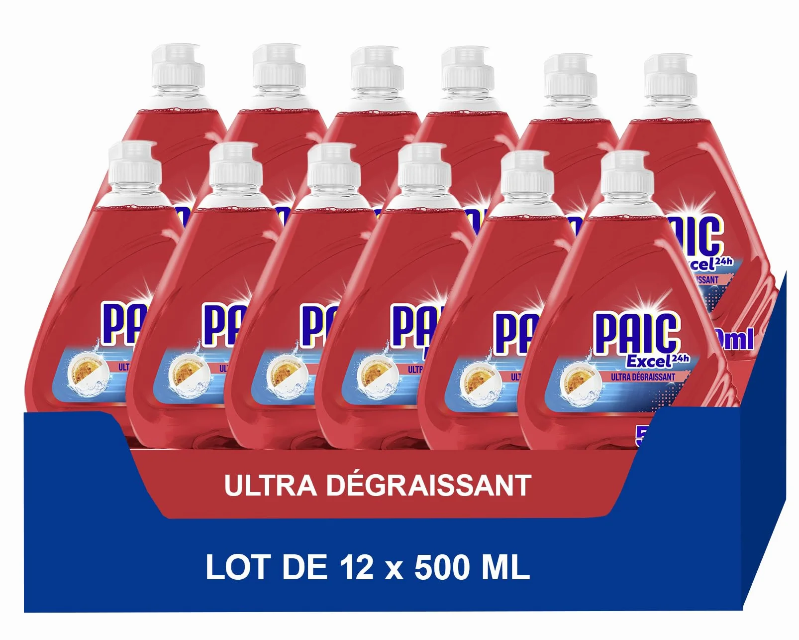 PAIC - Liquide Vaisselle Excel DEFI24H Pamplemousse - Formule Ultra-Dégraissante et Pouvoir Désincrustant - Efficacité même sur Graisses Séchées - Lot de 12 x 500ml
