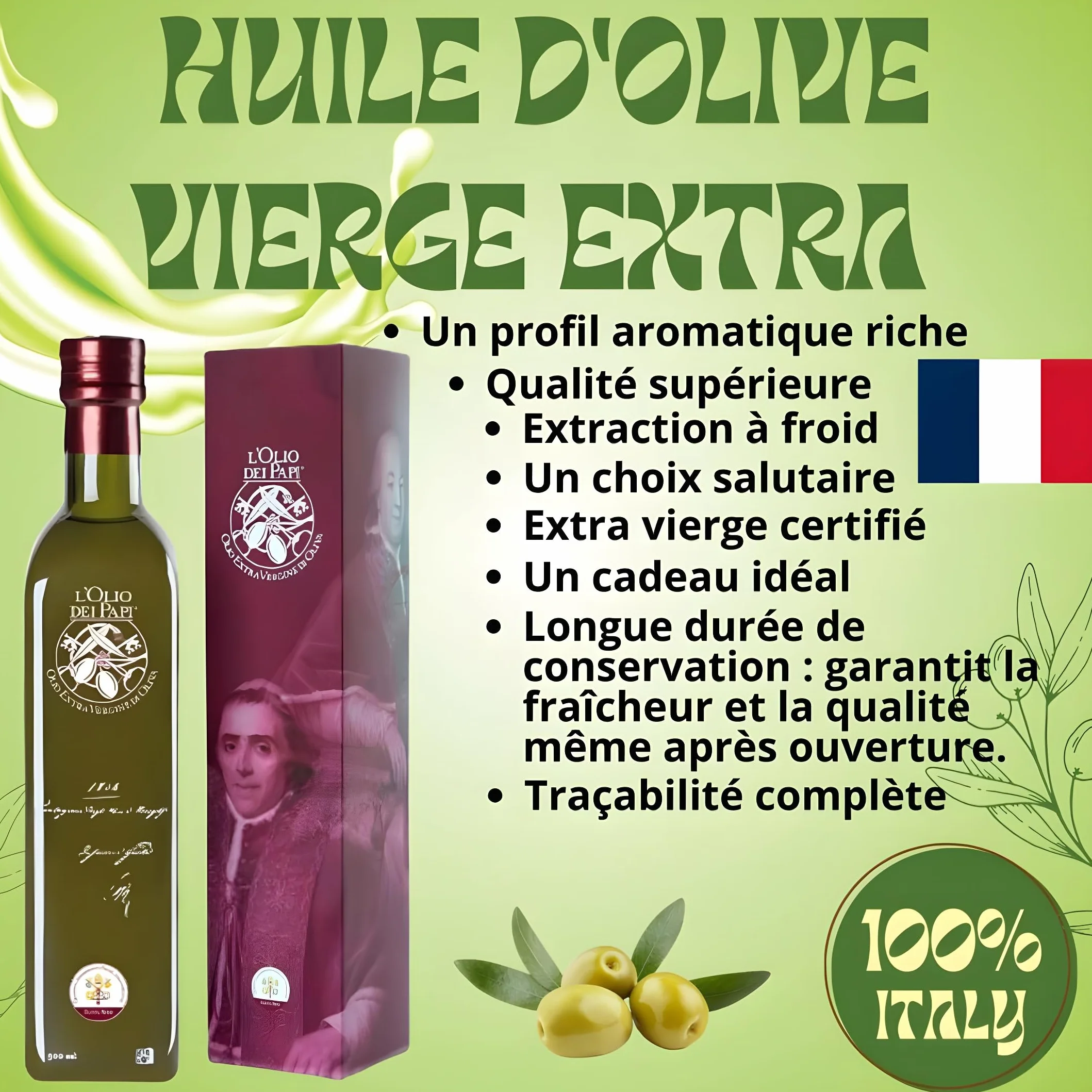 L'Olio dei Papi 100% Huile d'Olive Extra Vierge Italienne extraite à froid des oliveraies centenaires des anciennes terres des Papes 0,5 LT (étui)