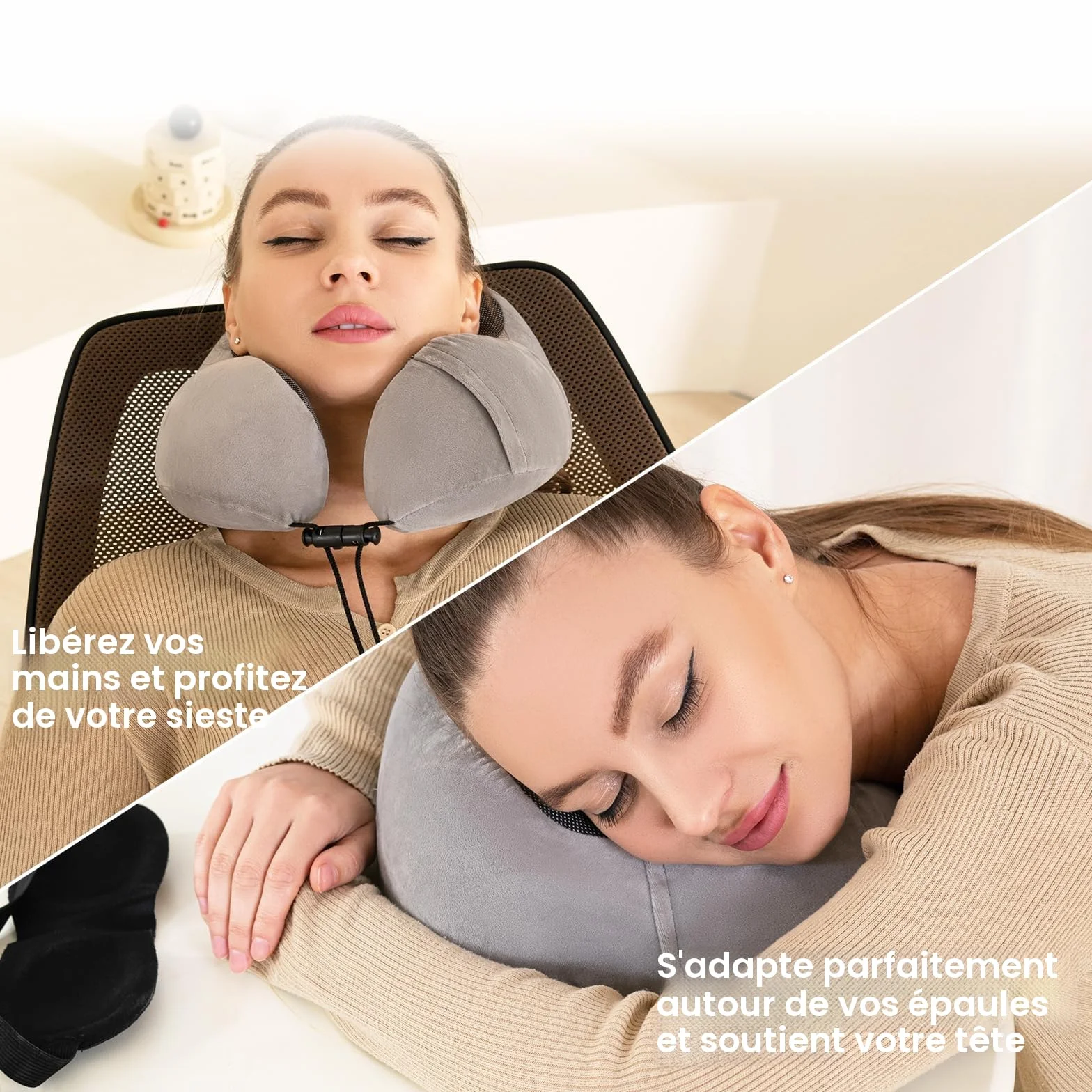Good Nite Coussin de Voyage Oreiller Cervical Mousse à Mémoire avec Masque pour Les Yeux Bouchons d'oreille Sac de Transport Inclus Gris