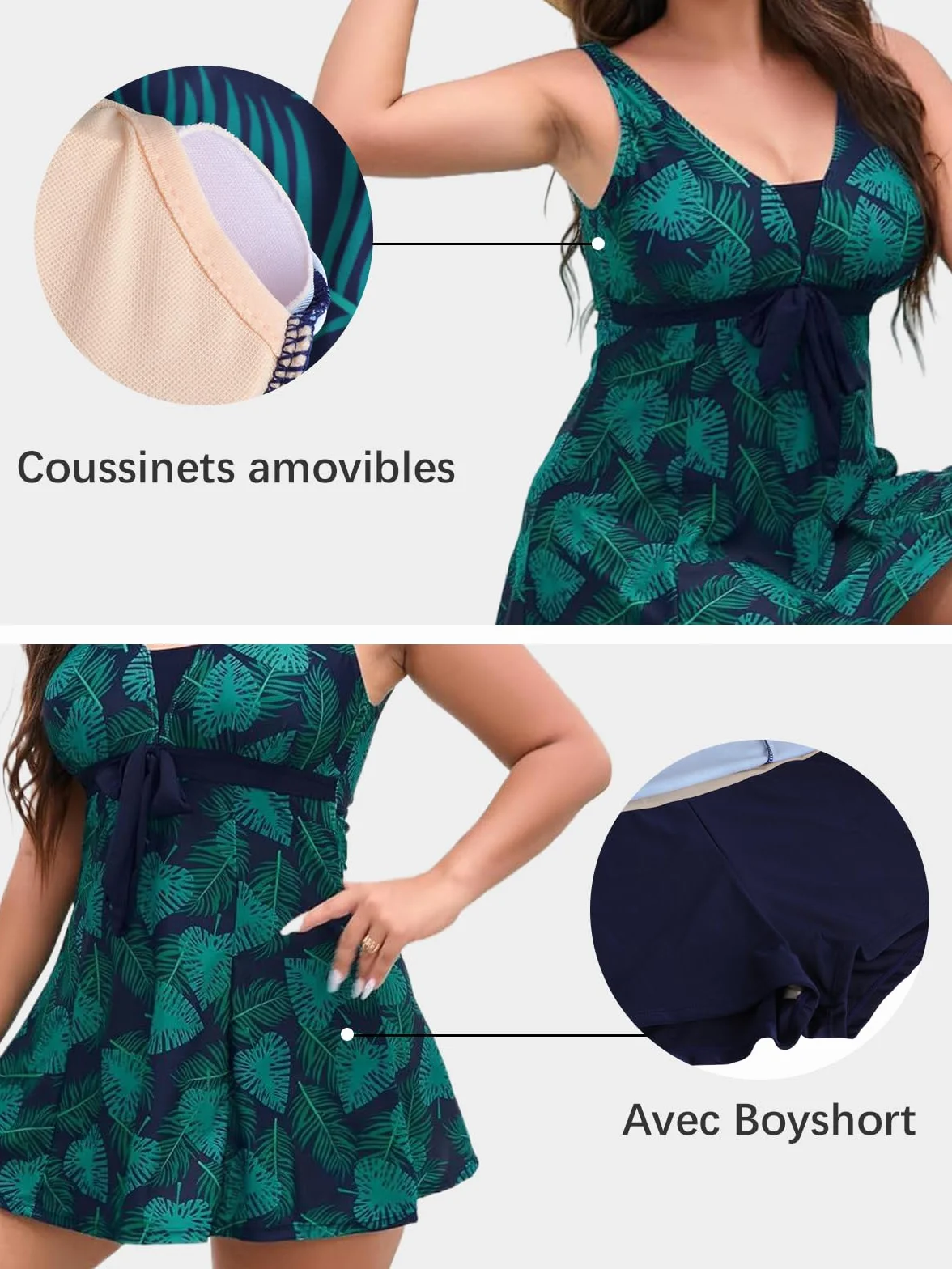 Ecupper Maillot de Bain Une Pièce Femme Rétro Jupe Volantée Contrôle Ventre Push Up Col V