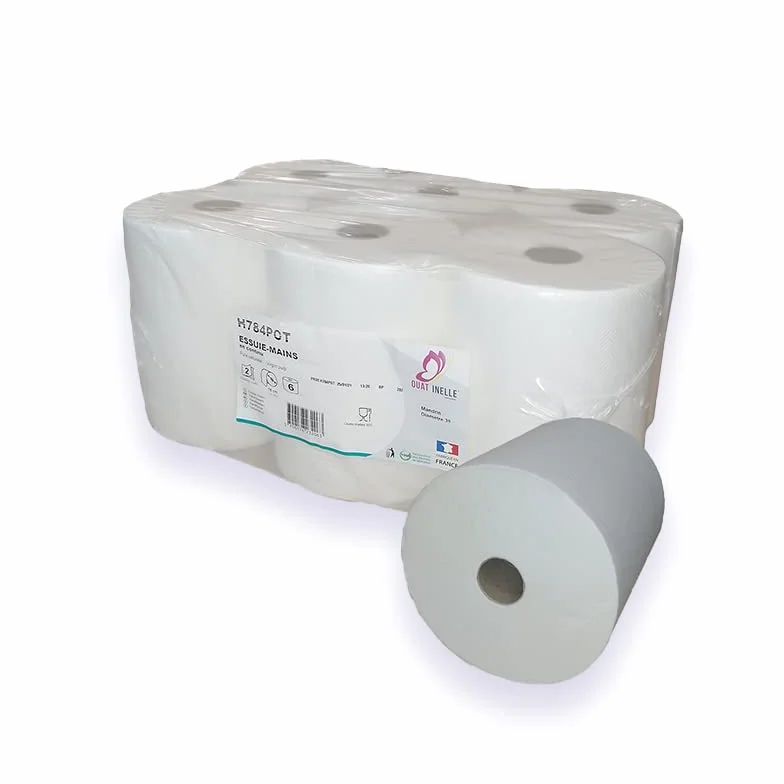 Essuie-mains pure ouate gaufré blanc 2x20g/m² - Pack de 6 rouleaux - 2 plis - 90m en continu - Largeur 20cm - Certifié France Medical Industrie