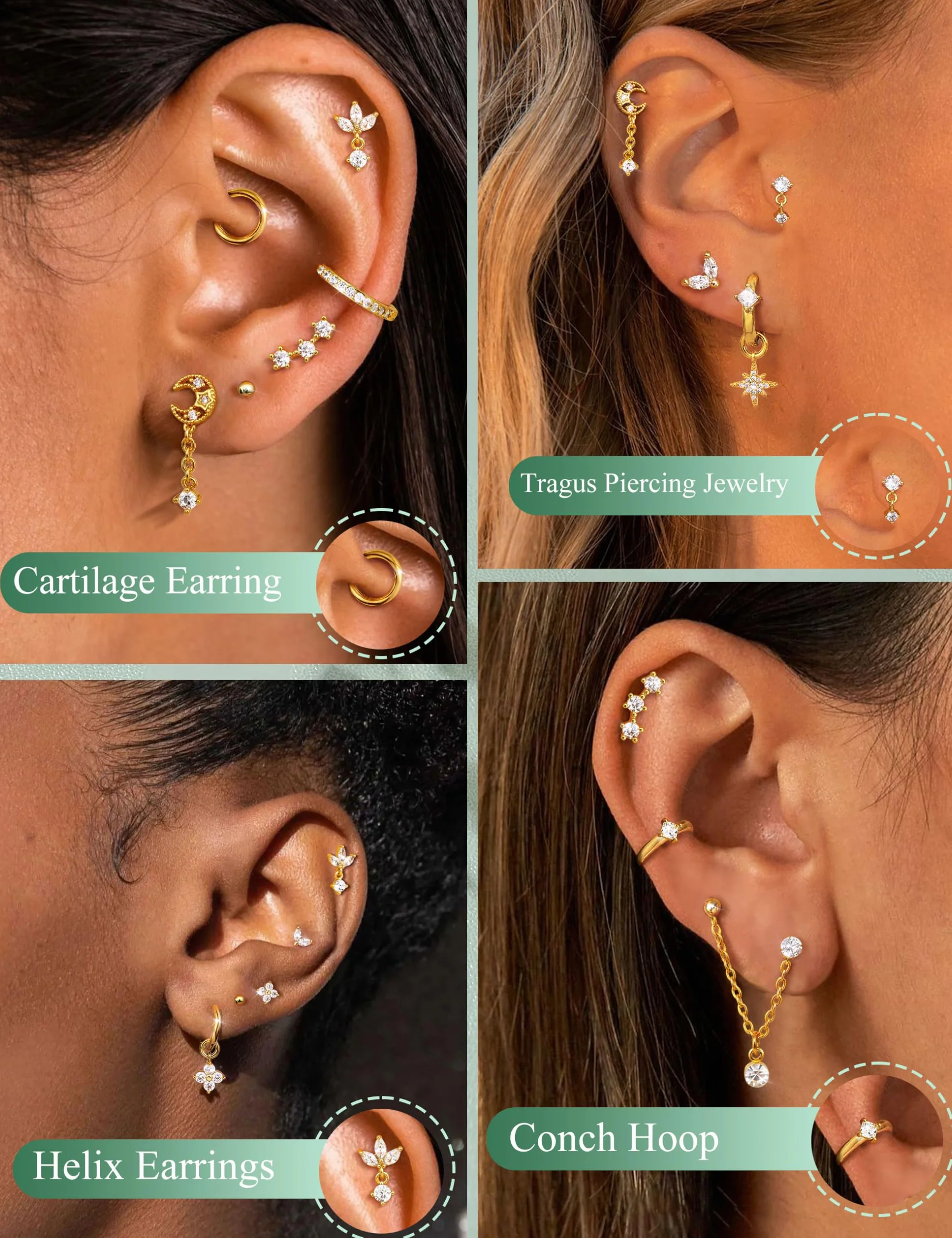 MILACOLATO Piercing Helix Boucles d'Oreilles Acier Inoxydable Tragus Conch Rook Daith Or Argent