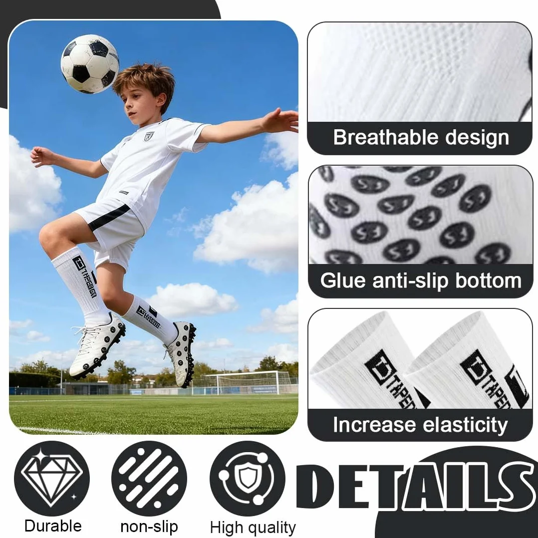 Chaussette Foot Enfant 4 Paires Blanc Taille 26-33 Antidérapantes Football Basketball