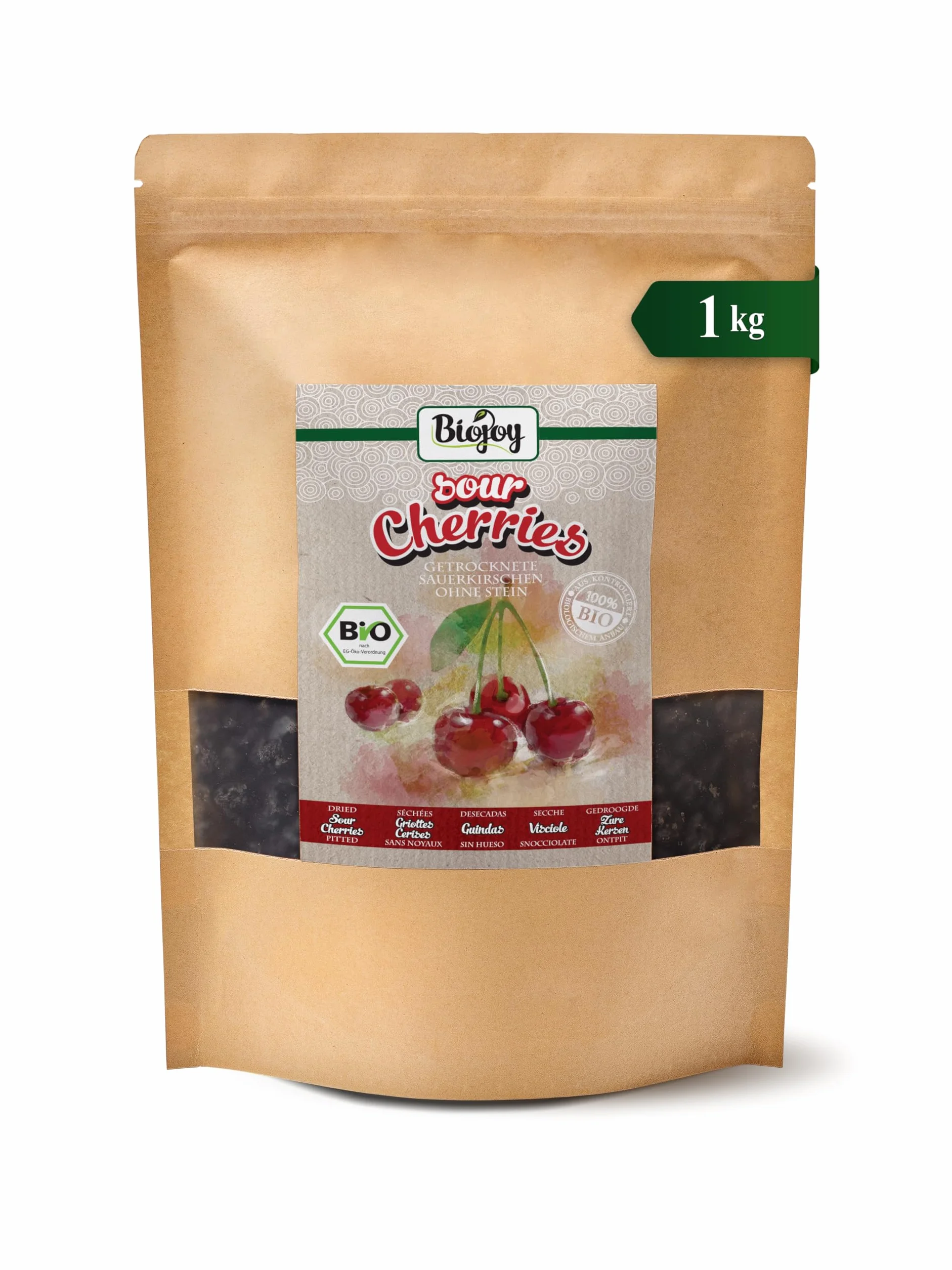 Biojoy BIO Griottes séchées, dénoyautées, non sulfurées, 1 kg | Entières, sans sucre ajouté, origine Turquie