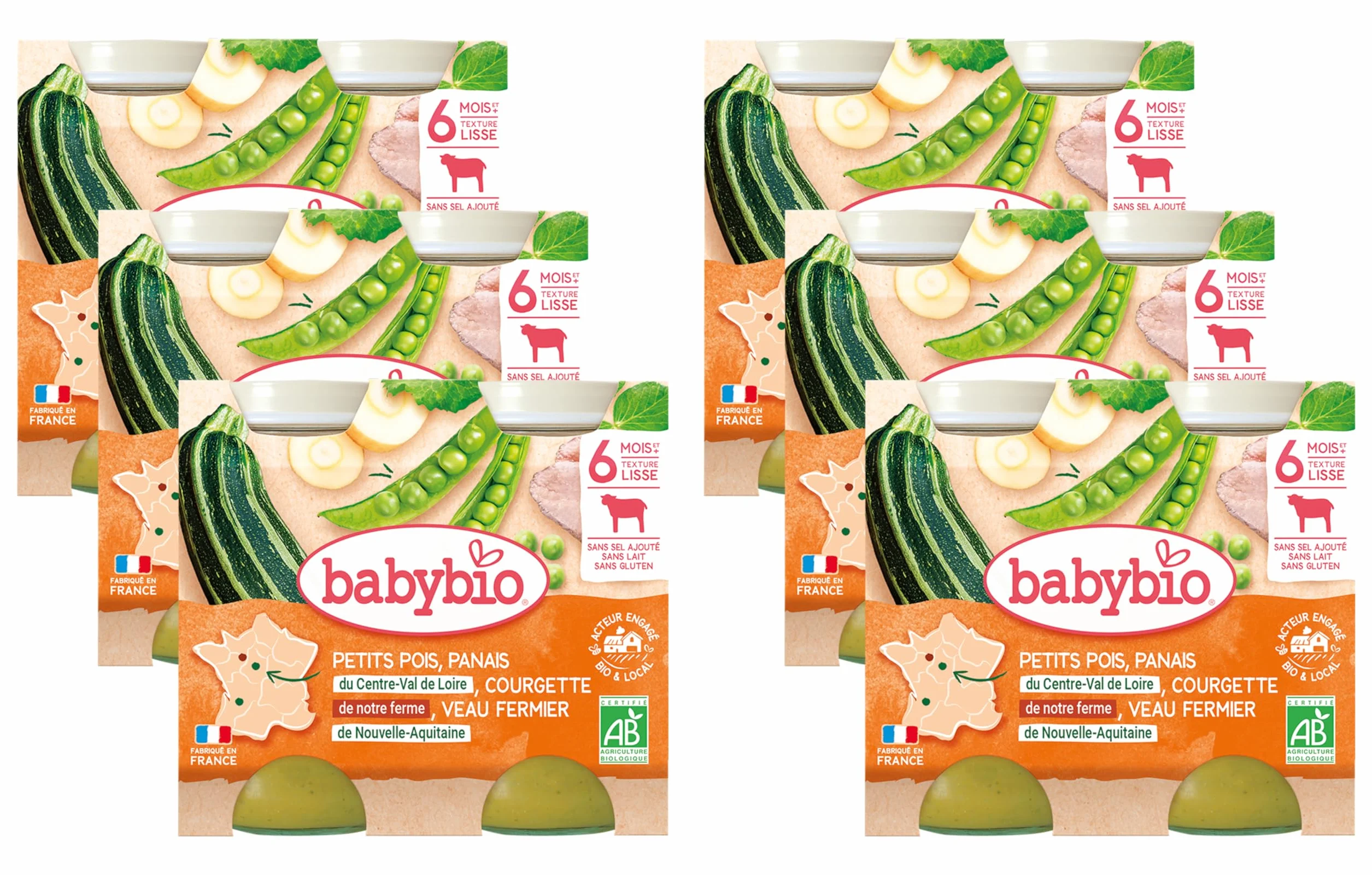 Babybio - Petits Pots Petits Pois Panais du centre-Val de Loire Courgette de Notre ferme Veau Fermier de Nouvelle Aquitaine 2x200 g - 6+ Mois - Lot de 6