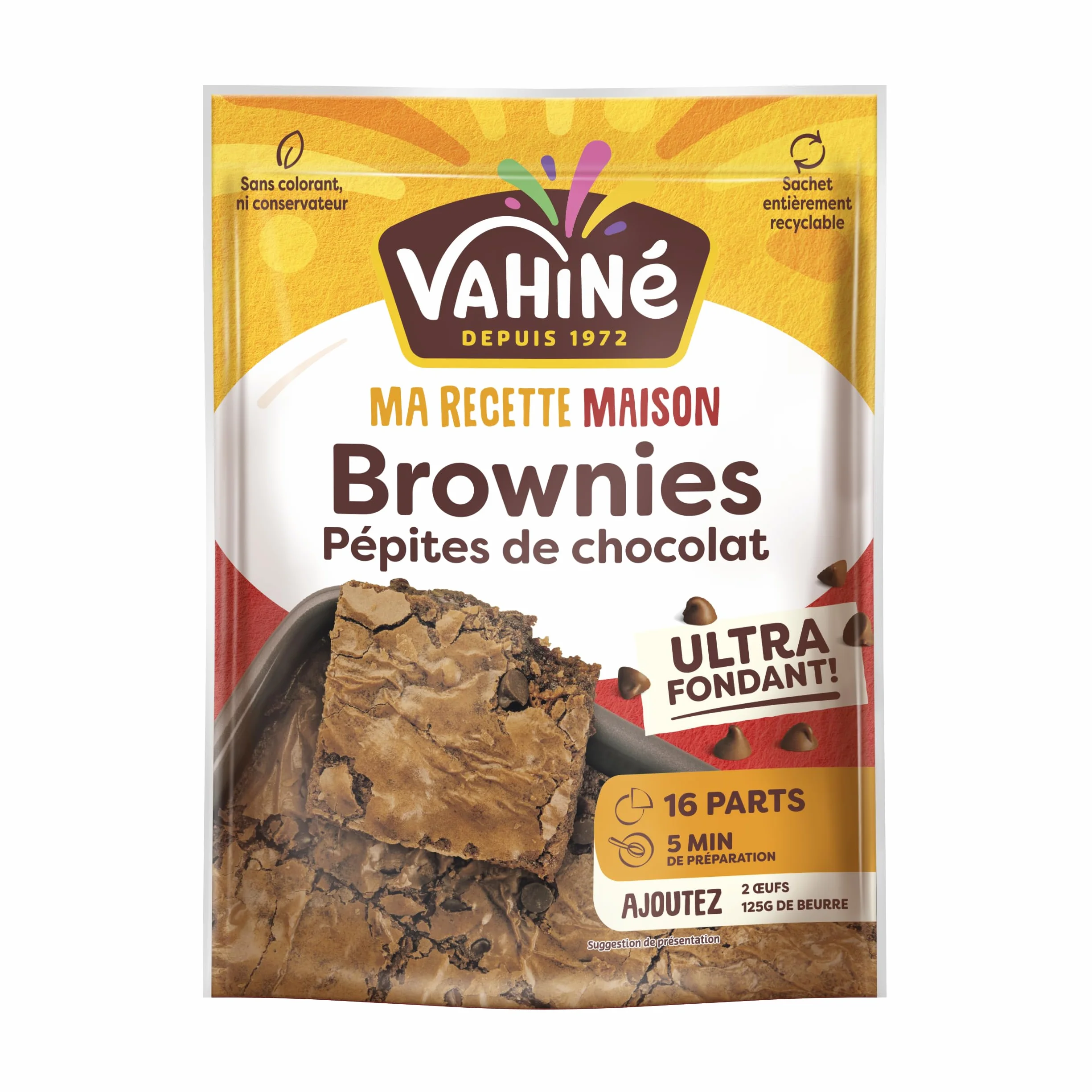 VAHINÉ - Préparation pour Brownies pépites de chocolat, Préparation pour brownies aux pépites de chocolat noir ultra-fondant, 310 g