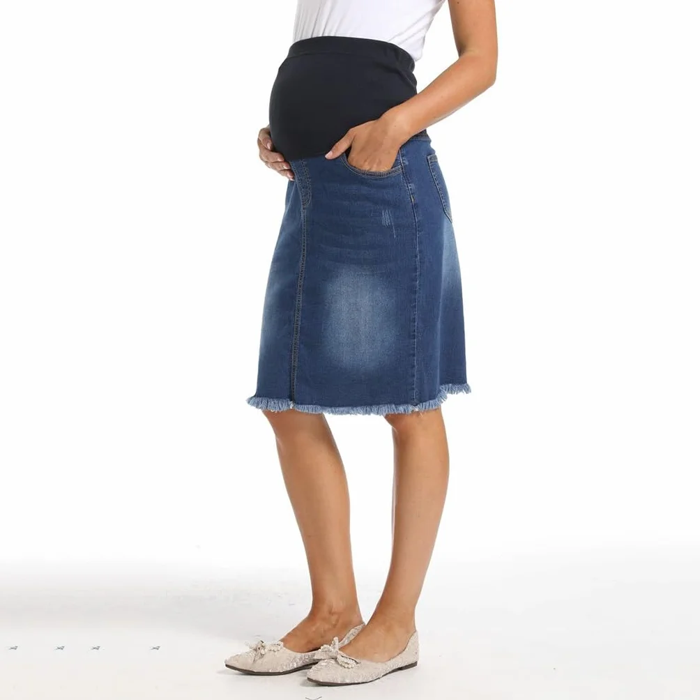 Jupe en Jean Taille Haute Ourlet Brut pour Femmes Enceintes avec Poches