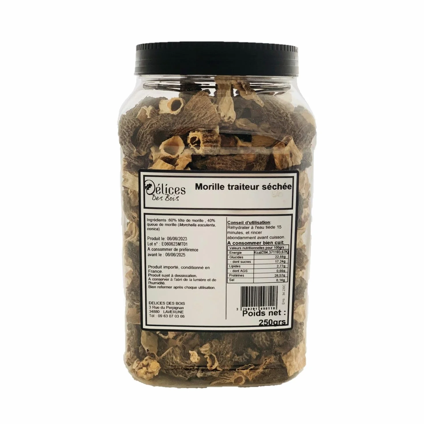 Morilles Séchées Traiteur 250g - Mélange Gourmet 60% Têtes et 40% Pieds - Champignons Déshydratés Qualité Supérieure - Idéal pour Sauces, Risottos et Viandes - Pot Refermable 250g