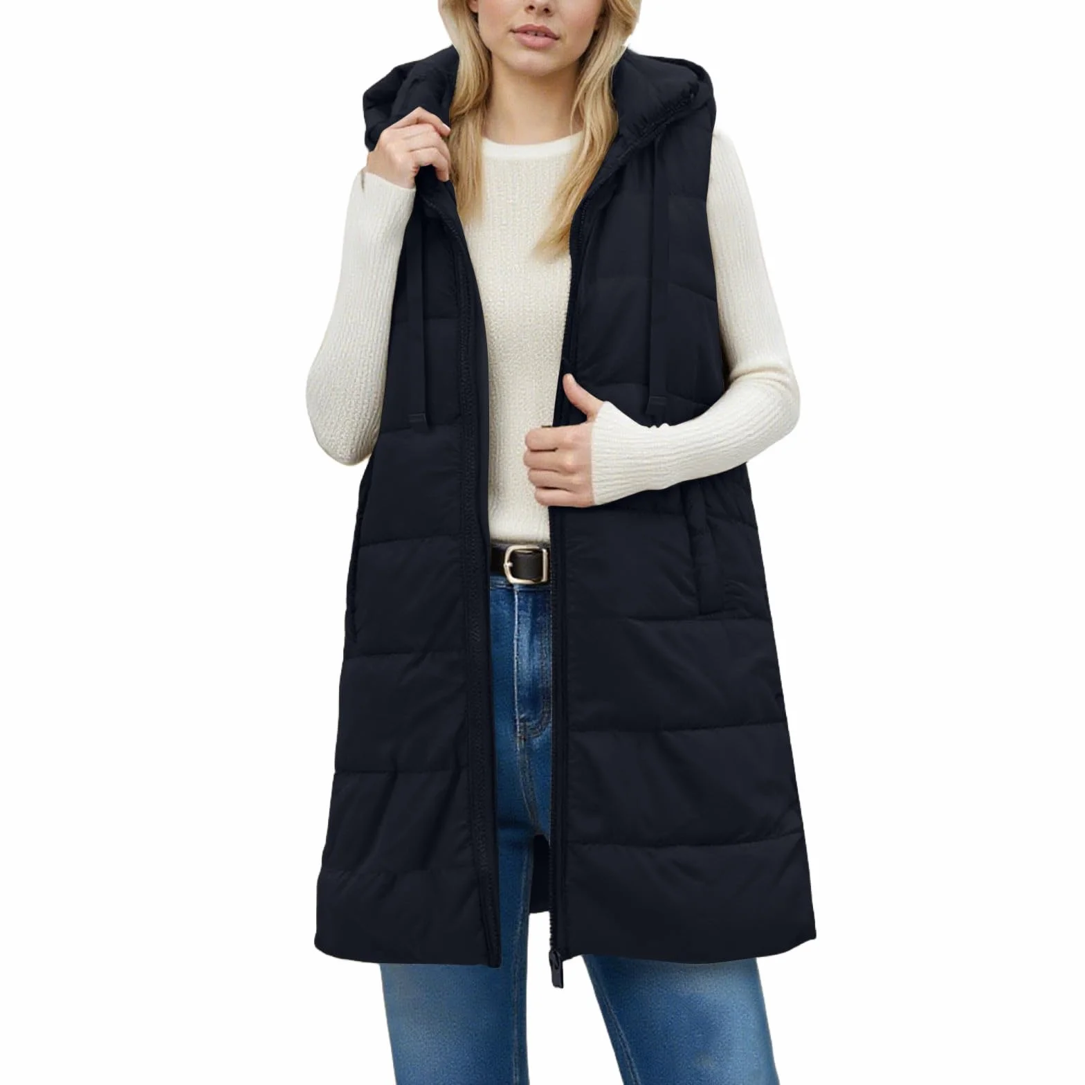 Femme Doudoune Sans Manches Avec Capuche Longue Gilet Chaud Légère Veste Hiver Poches
