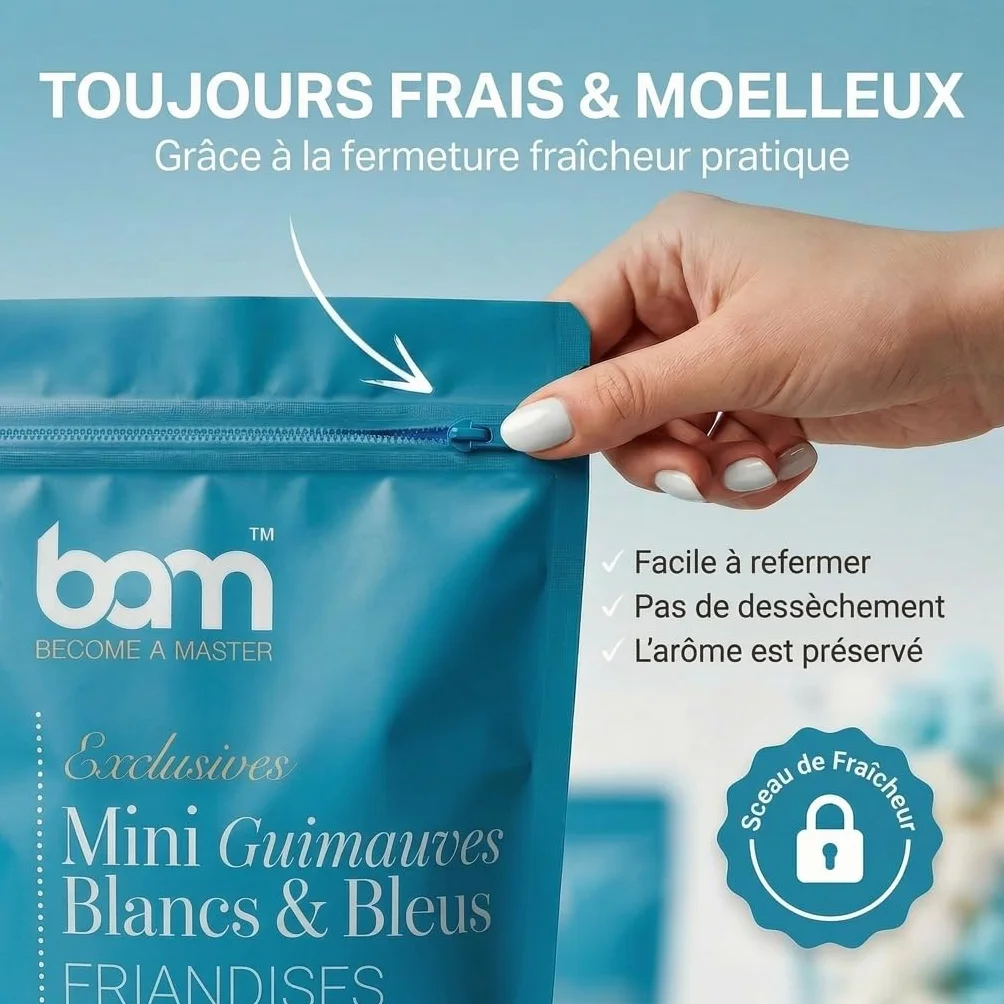 BAM Mini Marshmallow – Guimauves Sucrées Pour Chocolat Chaud, Desserte et Décoration, Blancs et Bleus, 250g