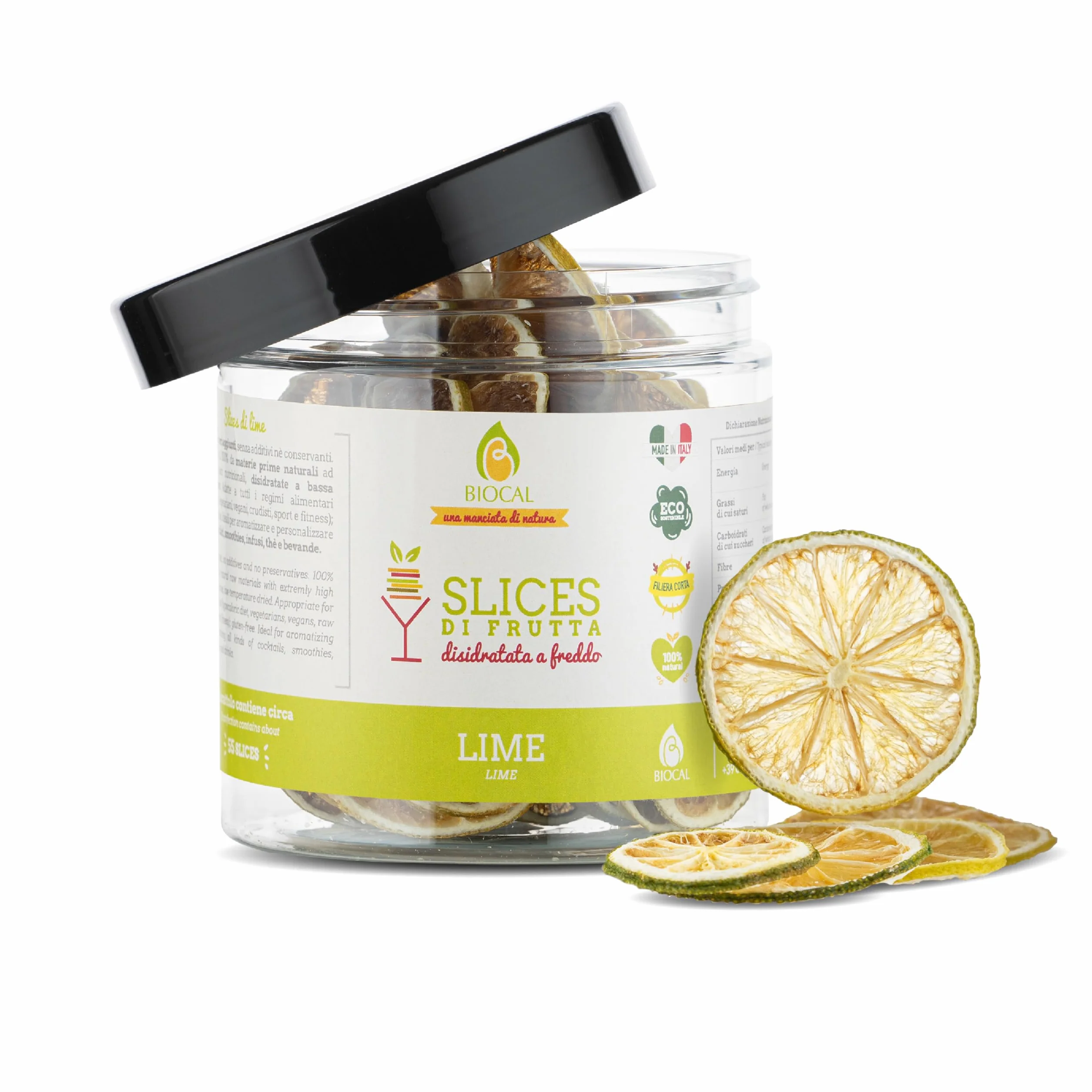 Biocal® - Rondelles de Citron Vert Déshydraté Sans Résidus de Pesticides Sans Sucres Ajoutés pour Cocktails, Gin Tonic, Infusions et Décoration - 50g