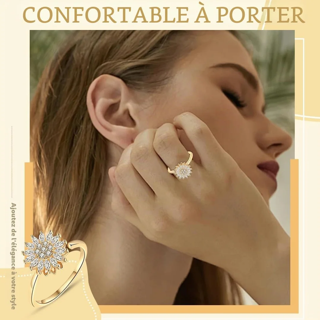 Bague Anti-Stress Femme Tournante Tournesol Strass Dorée