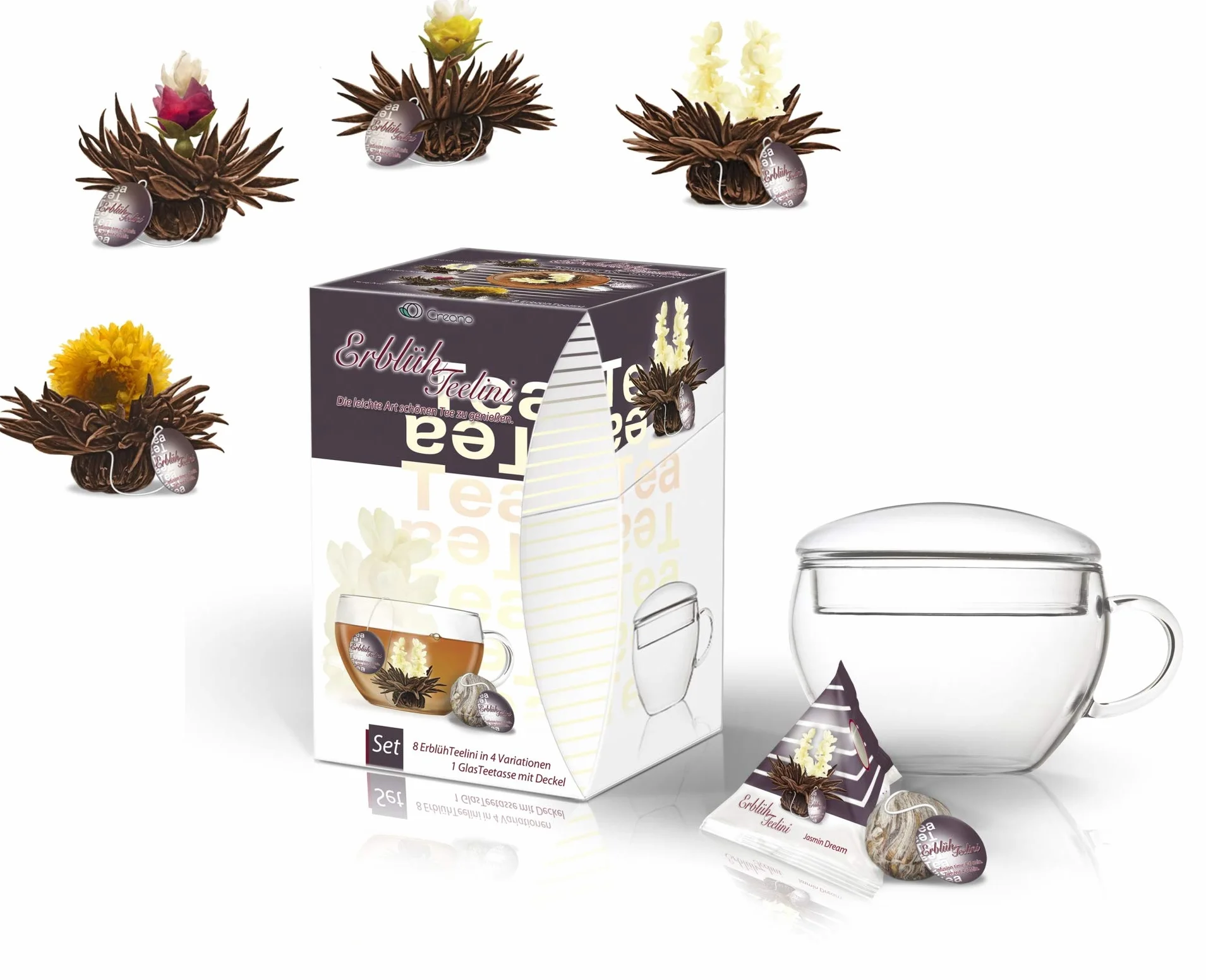 Creano Coffret Cadeau Teelini Noir – 8 Fleurs de Thé Noir en Portion de Tasse avec Tasse en Verre 200ml & Couvercle – Idée Cadeau Anniversaire, Collègue & Détente