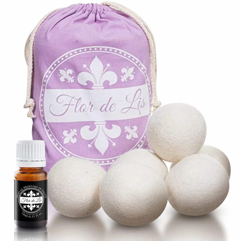Flor De Lis Boule de Laine pour Sèche-Linge Avec Adoucissant à l'Huile de Talc - 6 Pièces, Laine Mérinos de Nouvelle-Zélande, 10ml Parfum Poudre Bébé - Réutilisables jusqu'à 1100 Fois