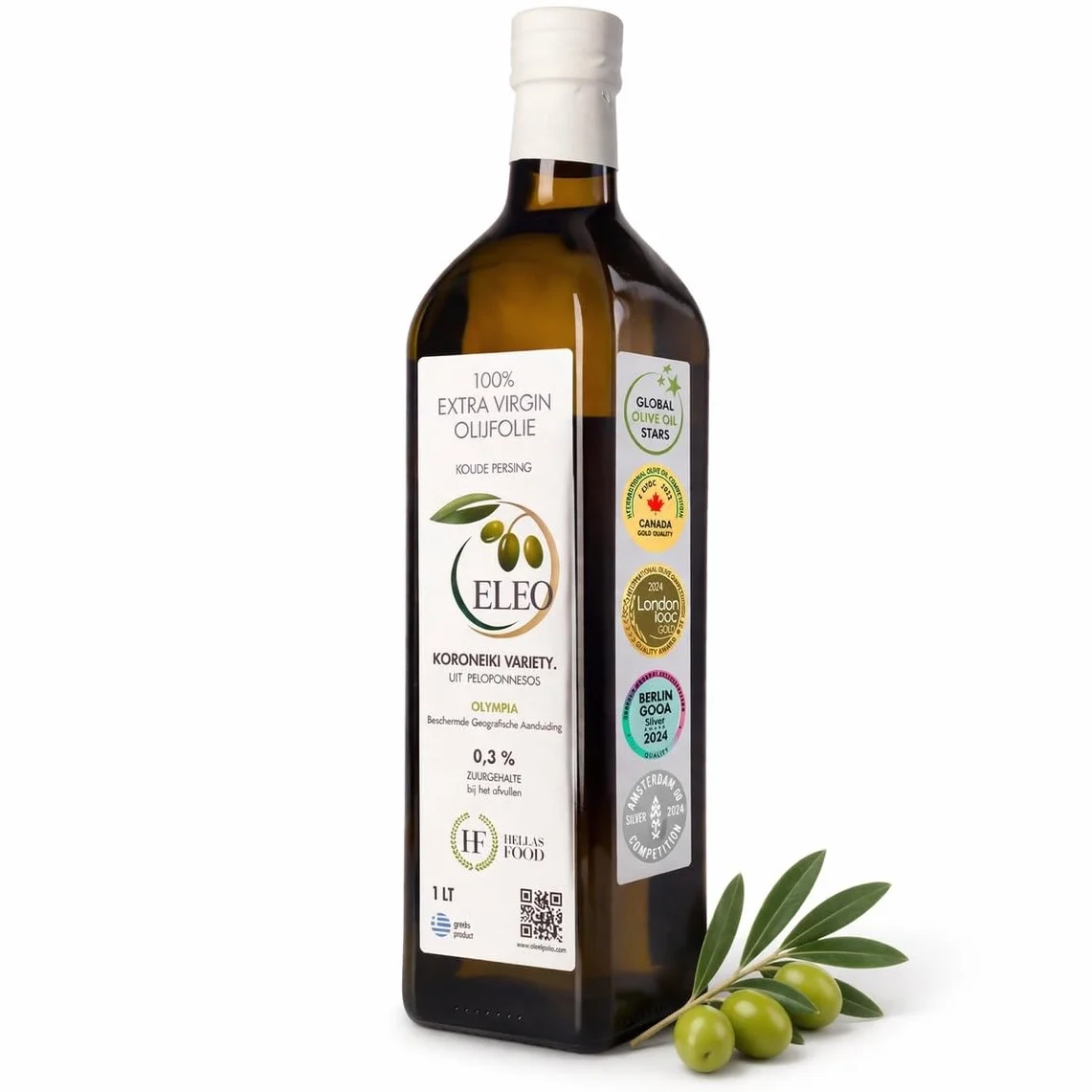 ELEO Olympia - Huile d’Olive 1L Bouteille Extra Viege - Pressée à Froid - 100% Olives Grecques Koroneiki - Qualité Supérieure - Riche en Antioxydants - Lauréat de Médailles Internationales
