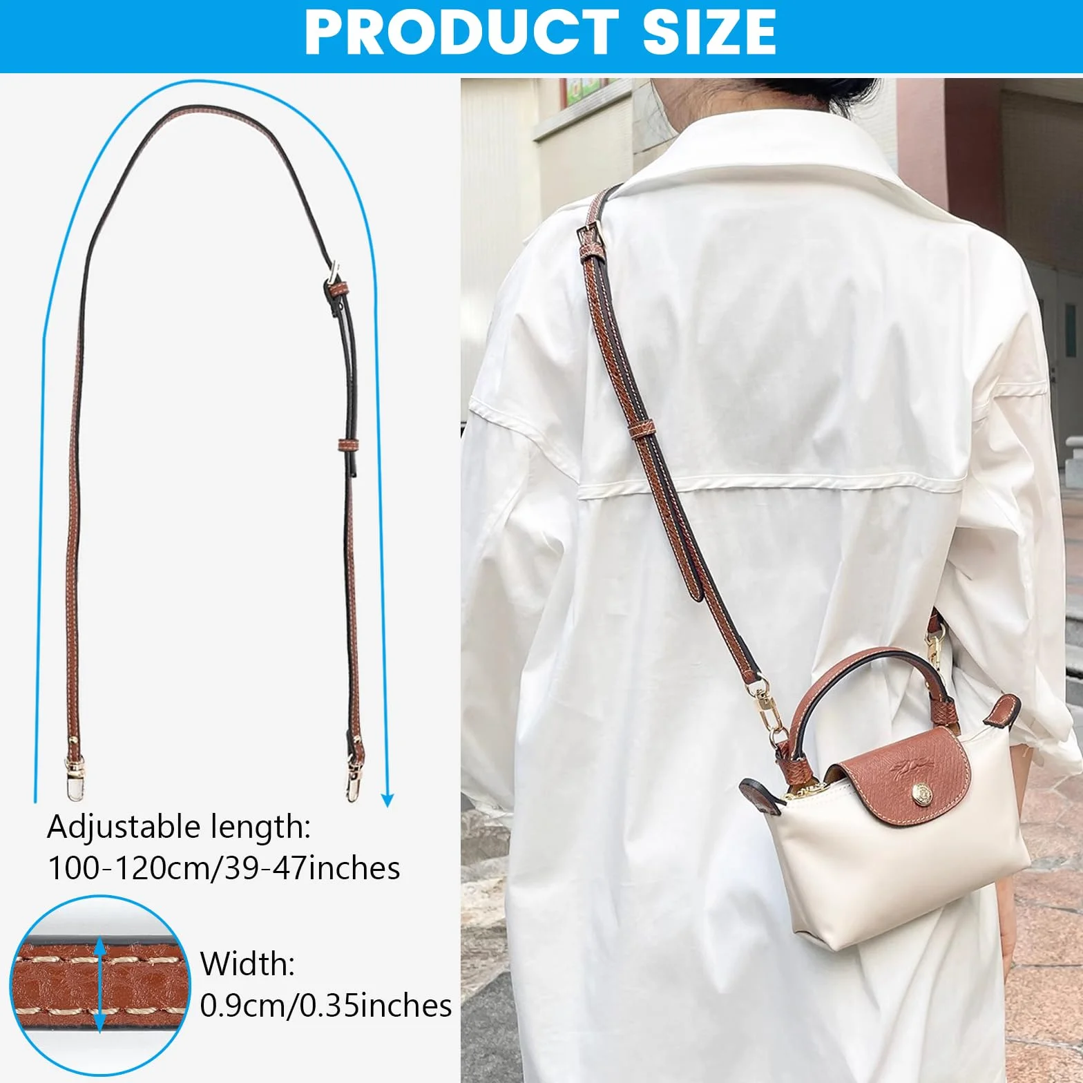Bandoulière Compatible Sac Longchamp Mini, Lanière Réglable Cuir 0.9 cm Femme Pliage