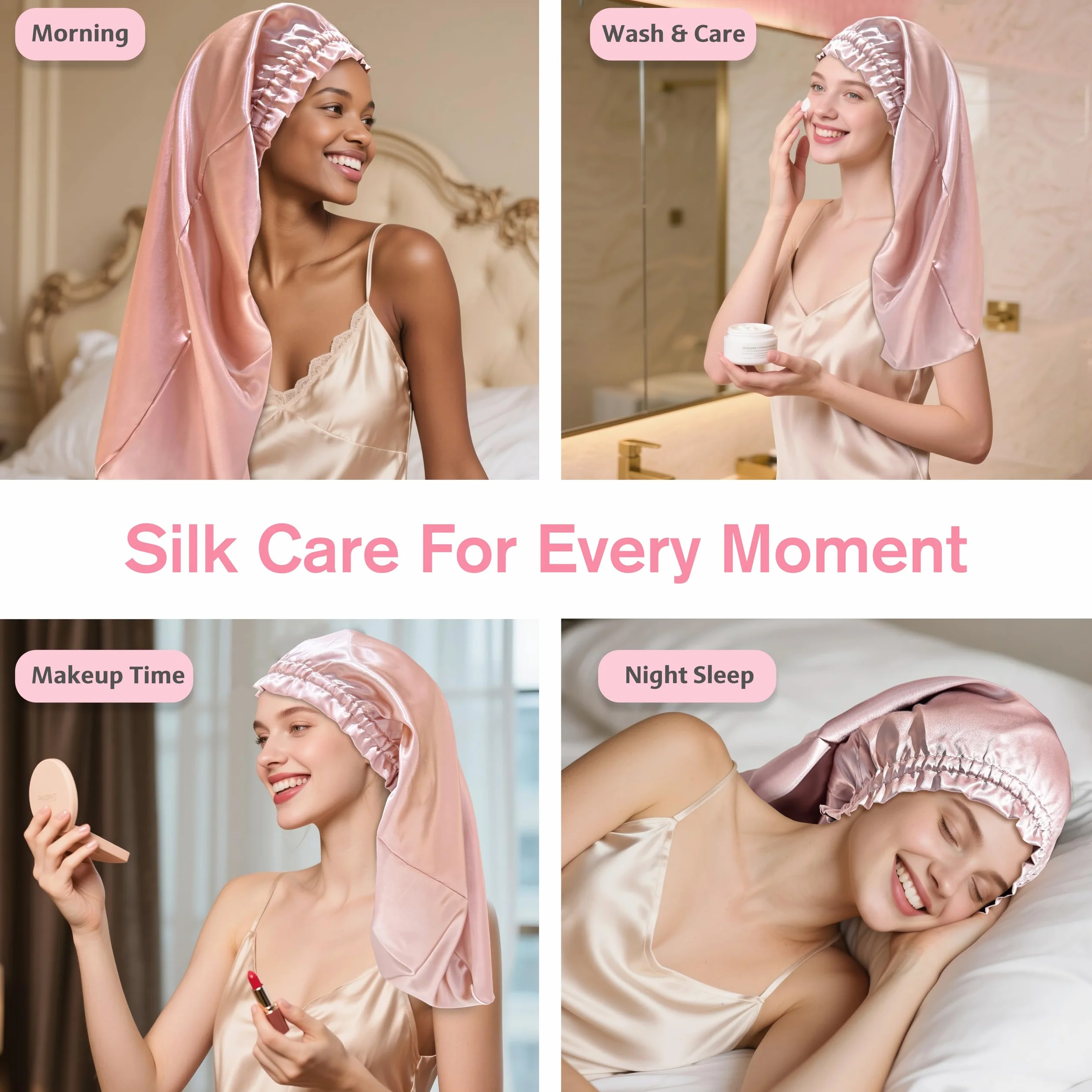 Bonnet de nuit en soie 100% mûrier 22 momme pour femme, Taupe 58cm