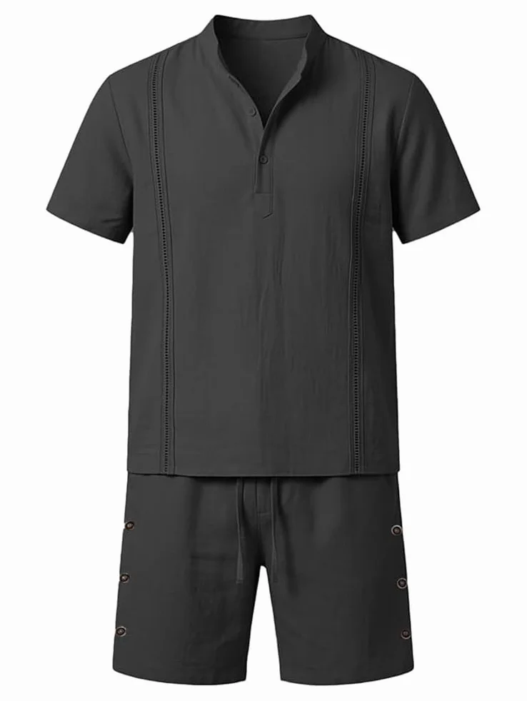 Ensemble en Lin 2 Pièce Homme Chemise T-Shirt Manches Courtes Pantacourt Shorts Jogging Été